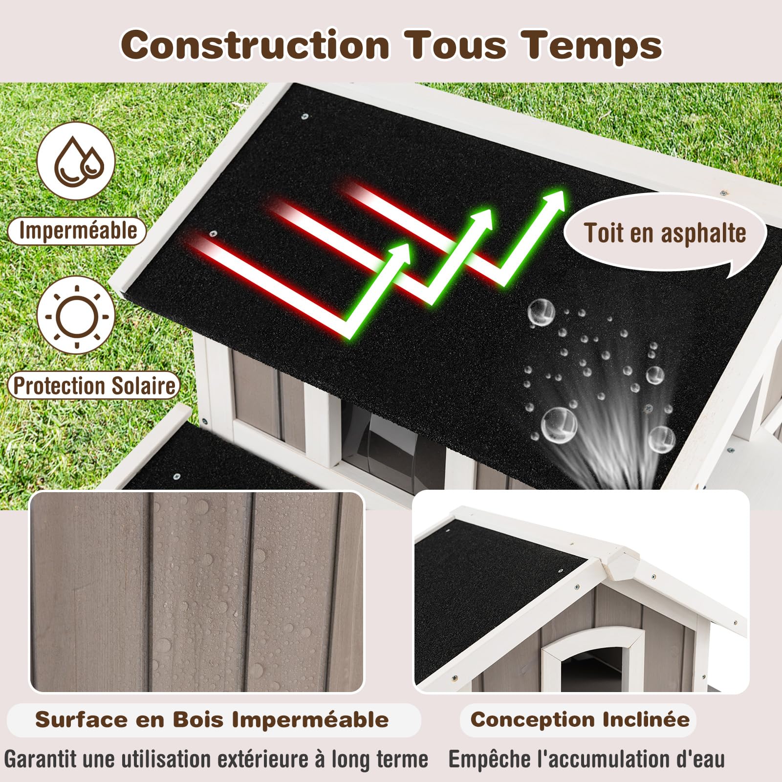 COSTWAY Niche pour Chat en Bois 2 Étage, 3 Compartiments avec Toit en Asphalte, Rideaux PVC, 6 Portes - Maison Exterieur/Interieur pour Lapin Chiot - 100 x 64 x 82,5 cm