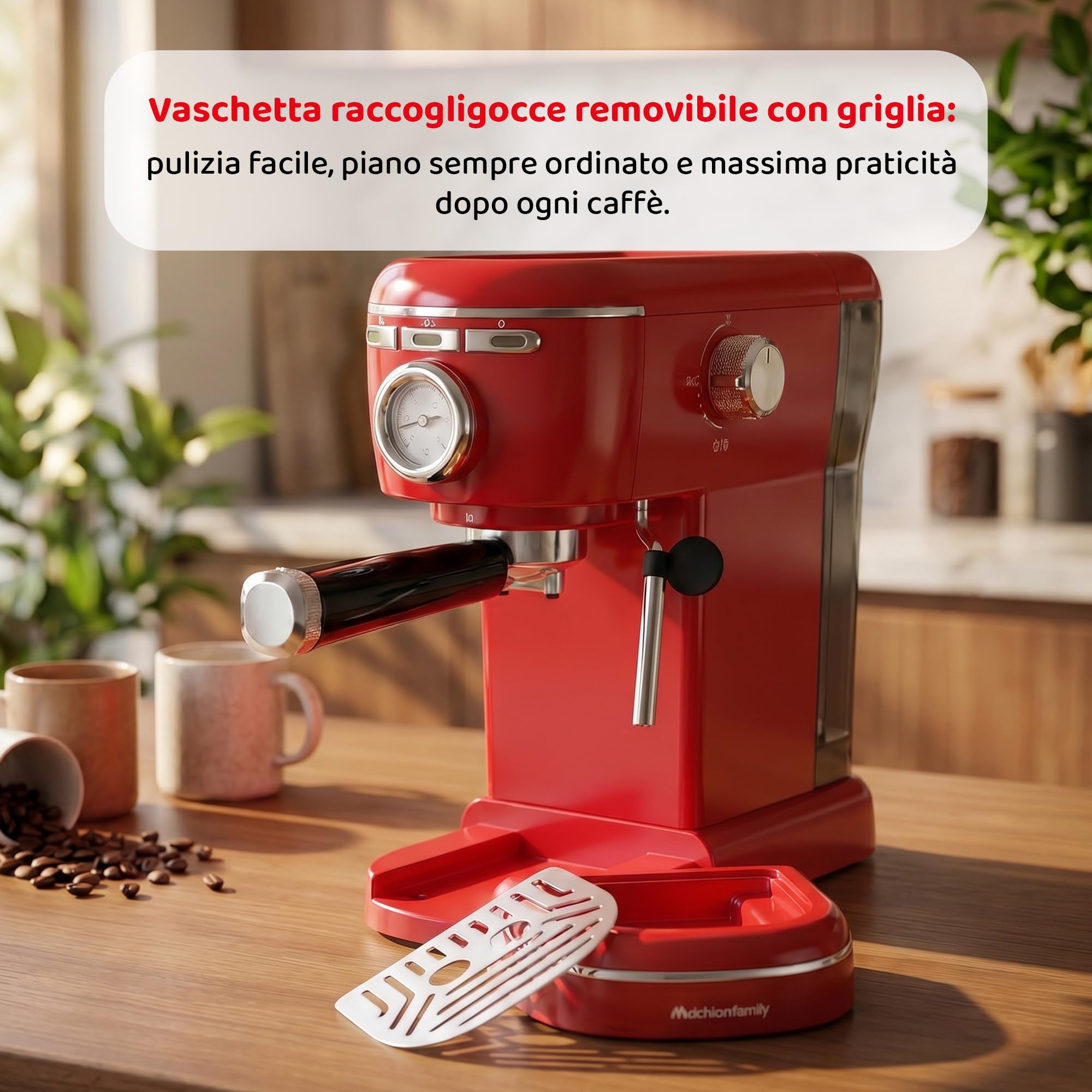 Melchioni Aromatica Plus ekspres do kawy 3 w 1, kompatybilny z kapsułkami Nespresso i kawą mieloną - ciśnienie 15 bar - 1100 W - zbiornik 1,2 l - wbudowany spieniacz do mleka - czerwony