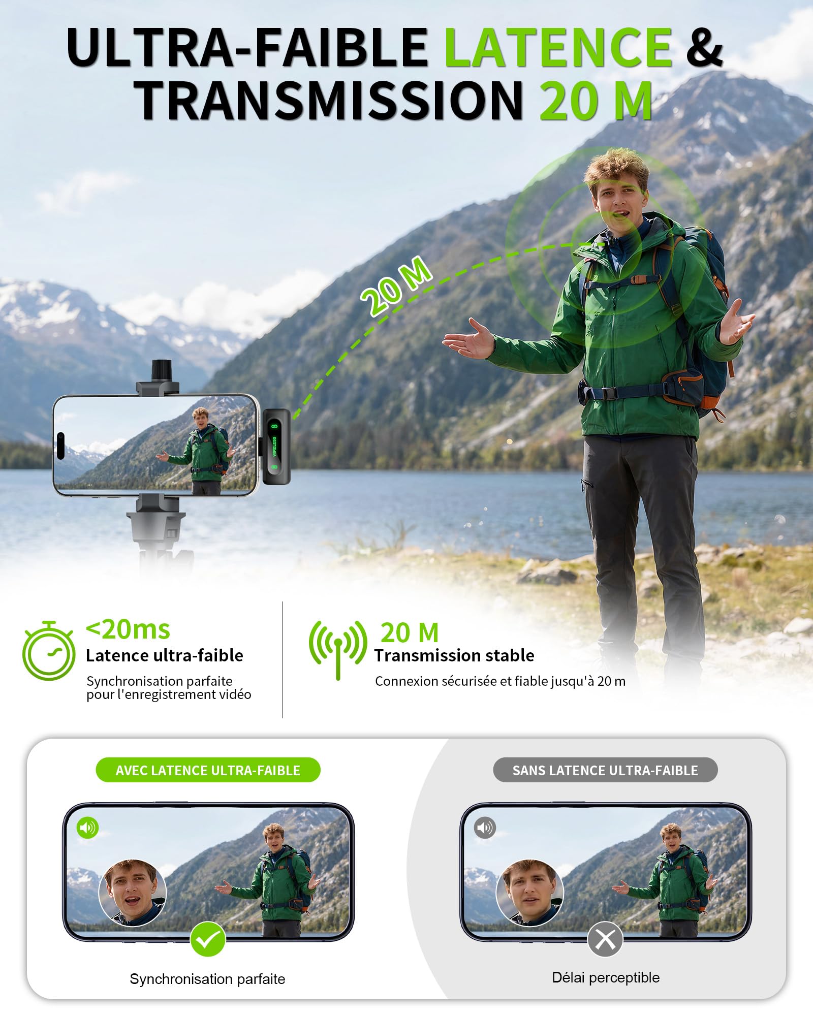 Micro Cravate Sans Fil Mini à Condensateur pour iPhone, Android et PC, Plug & Play avec Réduction du Bruit, Indicateur de Batterie et Bonnette Anti-Vent pour Vidéo, Streaming et Podcast (gris foncé)