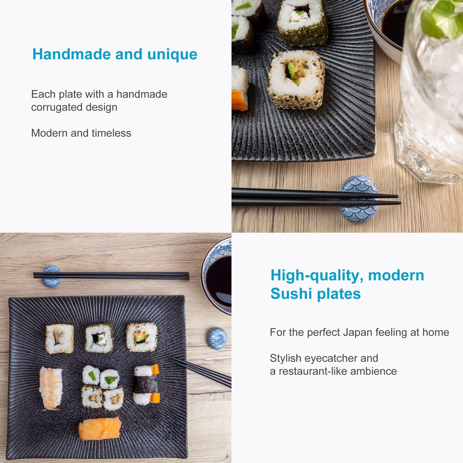 INTIRILIFE 4x Sushi Platte Servier Teller aus Porzellan in Schwarz - 26 x 23.4 x 3.8 cm - Japanisches Sushi Servier Geschirr Handgefertigt Rechteckig