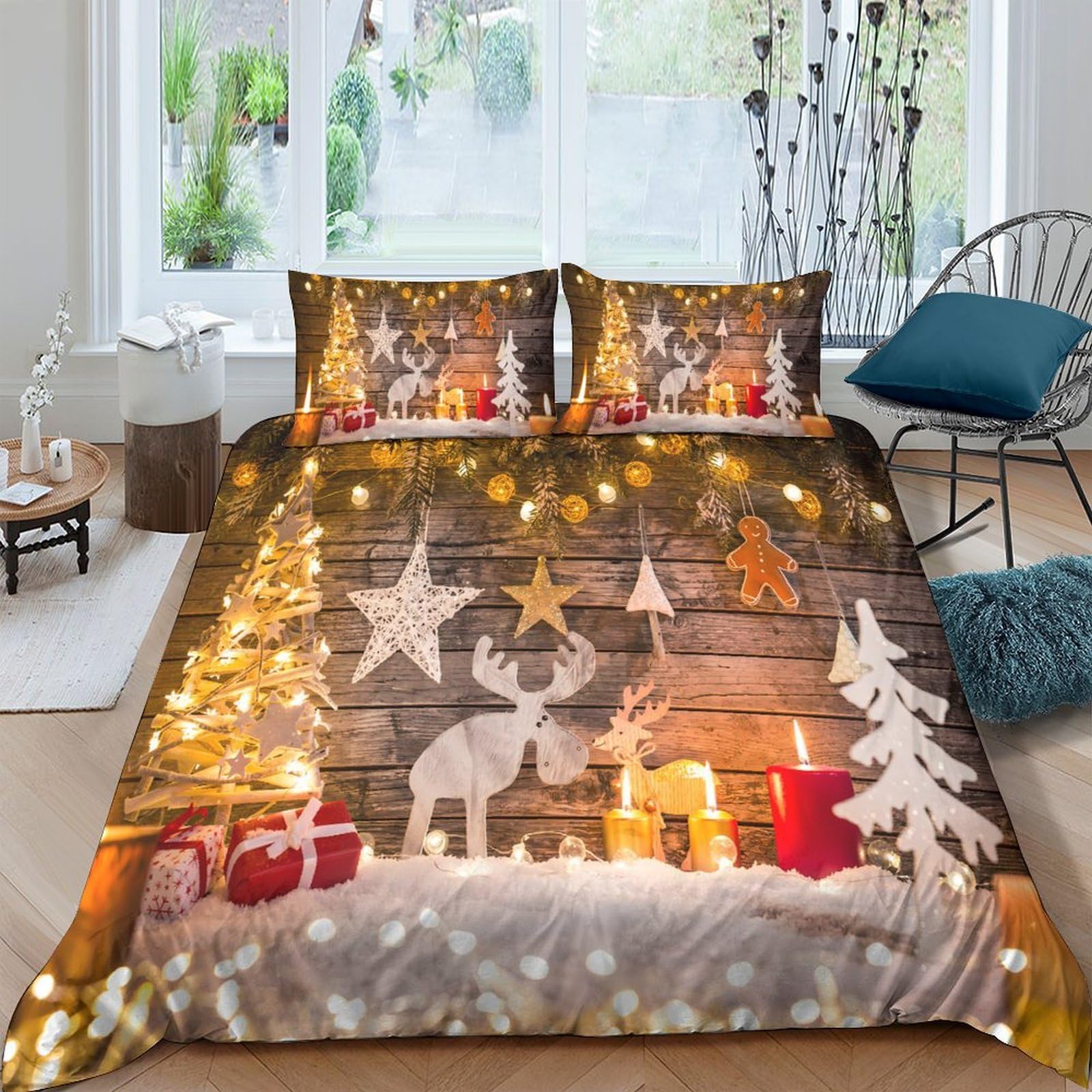 Ctjqhvkz Style-3 3D Printed Christmas Reindeer Fitted Sheet Microfiber Red Candle Wood Star Mattress Cover Non-Slip Washable For Bedroom Guestroom Decor Single（135X200cm）