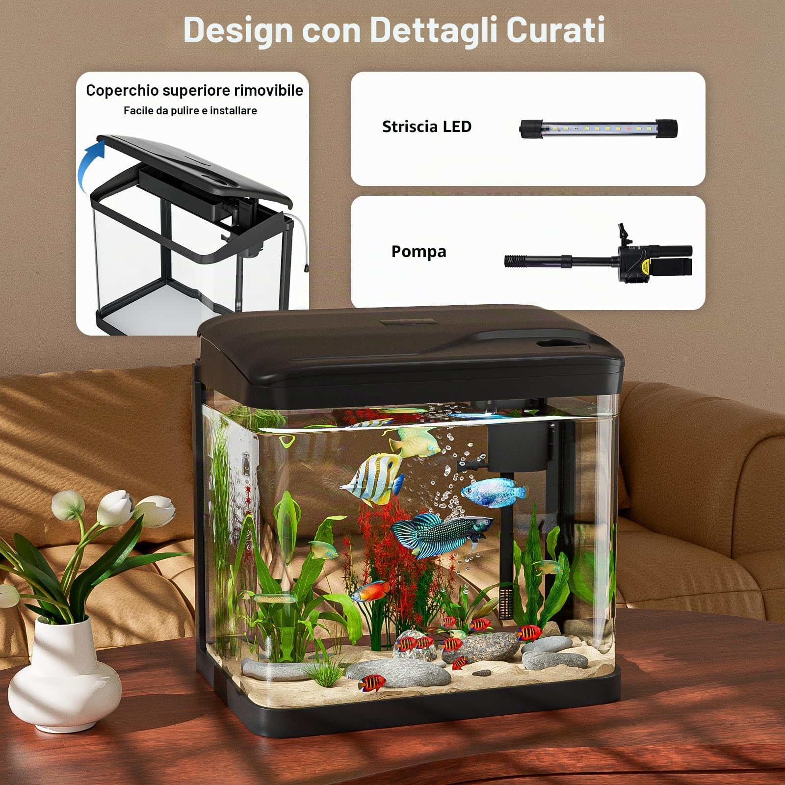 Acquario Piccolo in Vetro, Ambesty 6L Completo Acquarios Per Pesci Rossi, Fish Tank Tartarughe D'acqua con Illuminazione a LED e Sistema di Filtraggio, Nero, Principianti Mini Acquario Completo