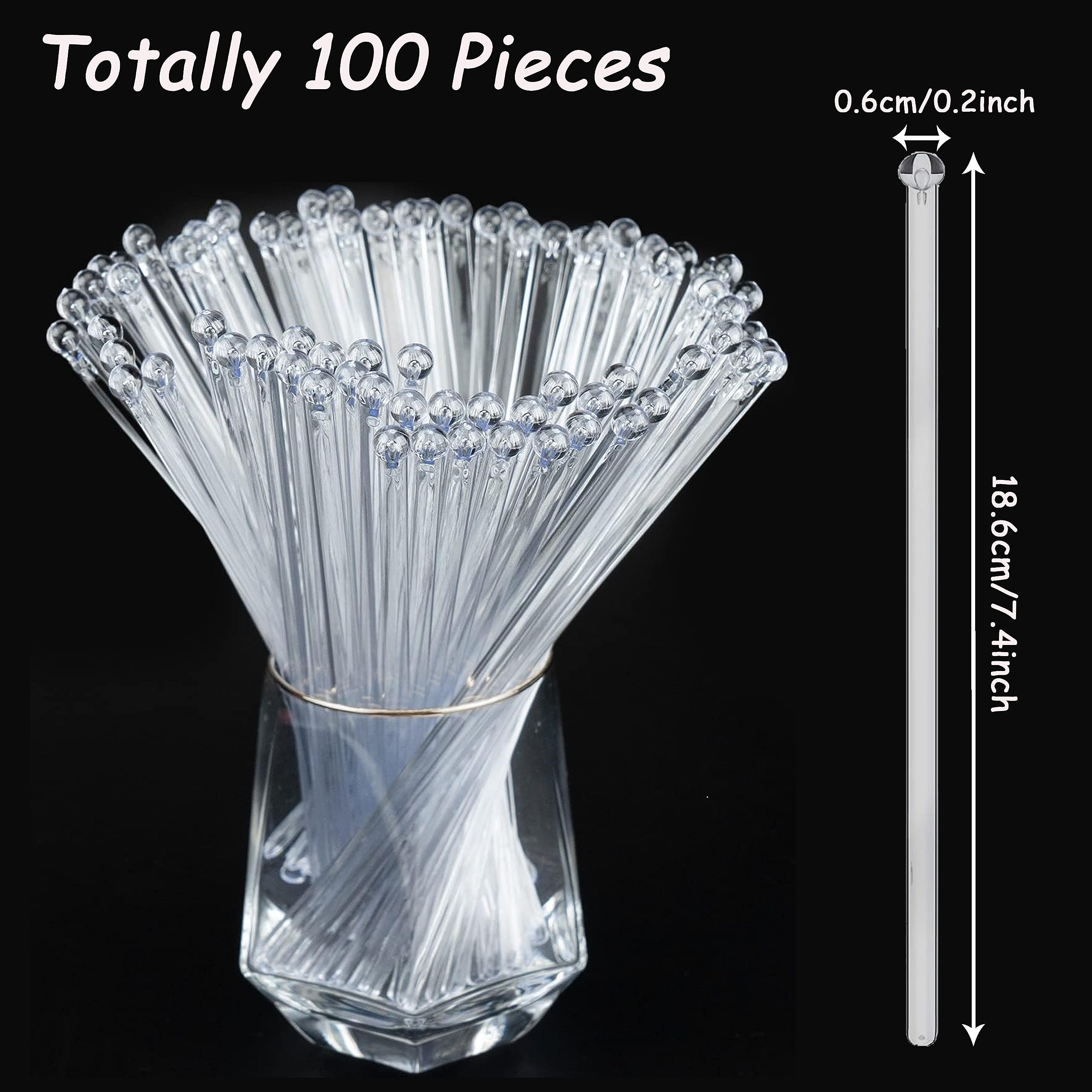 Comicfs 100-PCS 7.24 Inch Plastic Swizzle Sticks, Crystal Cake Pops, Cocktail Coffee Drink Stirrers, Lolipop Stick, Ball Head Stirrer Disposable Plastic Round Top Crystal Swizzle Sticks