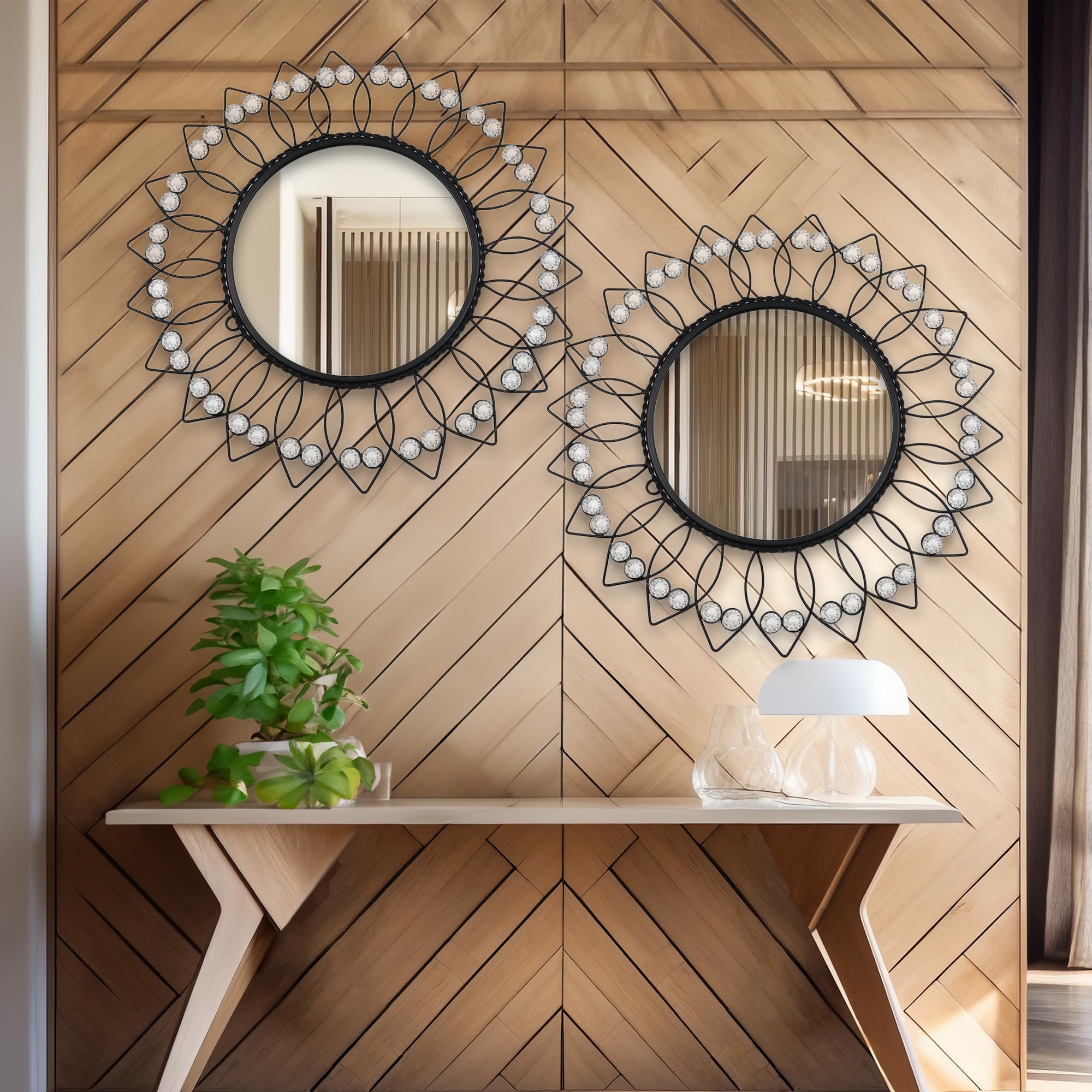 Hosley Decorative Modern Designer Round Wall Mirror| Metal Beaded Frame Wall Hanging Mirror| Iron Wall Mounted Mirror Perfect for home, Bathroom, Bedroom, Hall, Wall Decor (Black, Set of 2, framed)-image-27