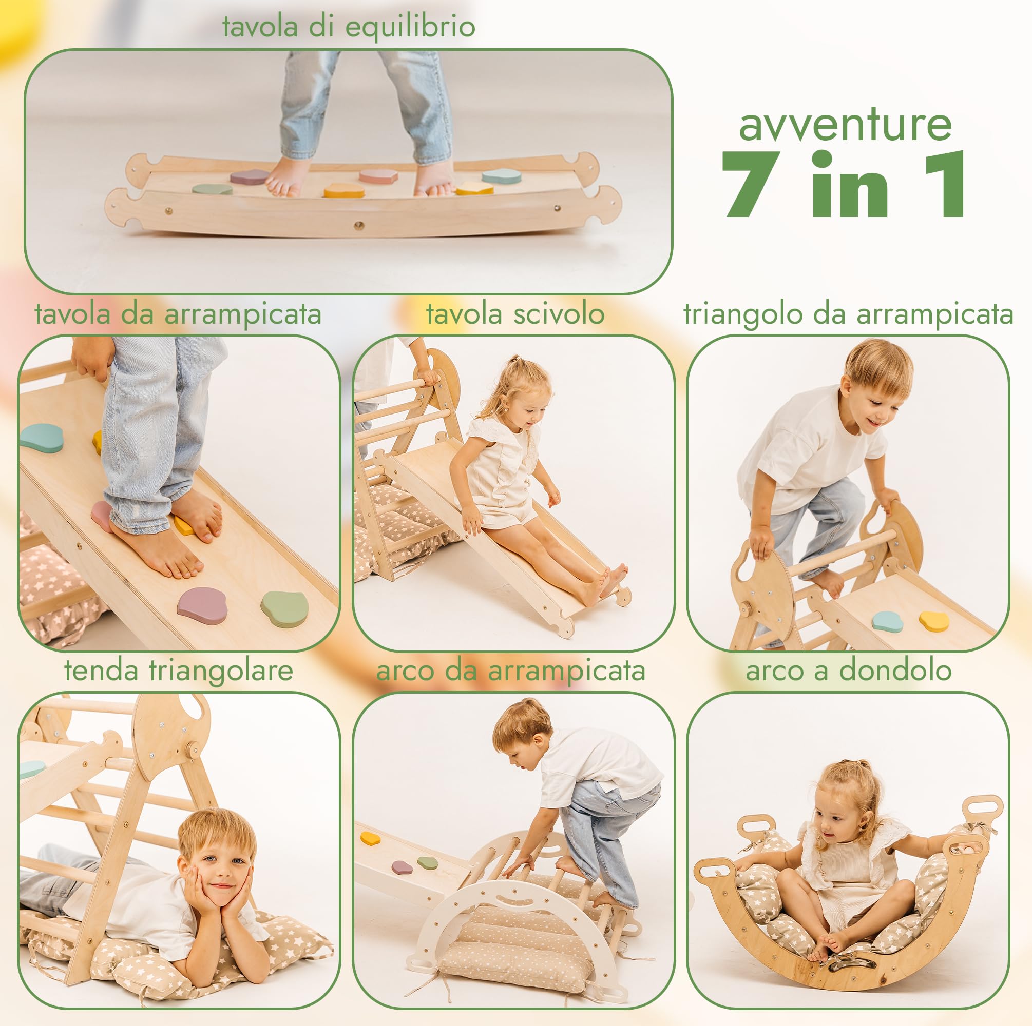 Goodevas 5-in-1 Telaio da Arrampicata per Bambini - Scala a Triangolo, Arco per Arrampicata, Balance Board e Cuscino, Telaio da Arrampicata Montessori, Palestra in Legno per Bambini da 1 a 3 Anni