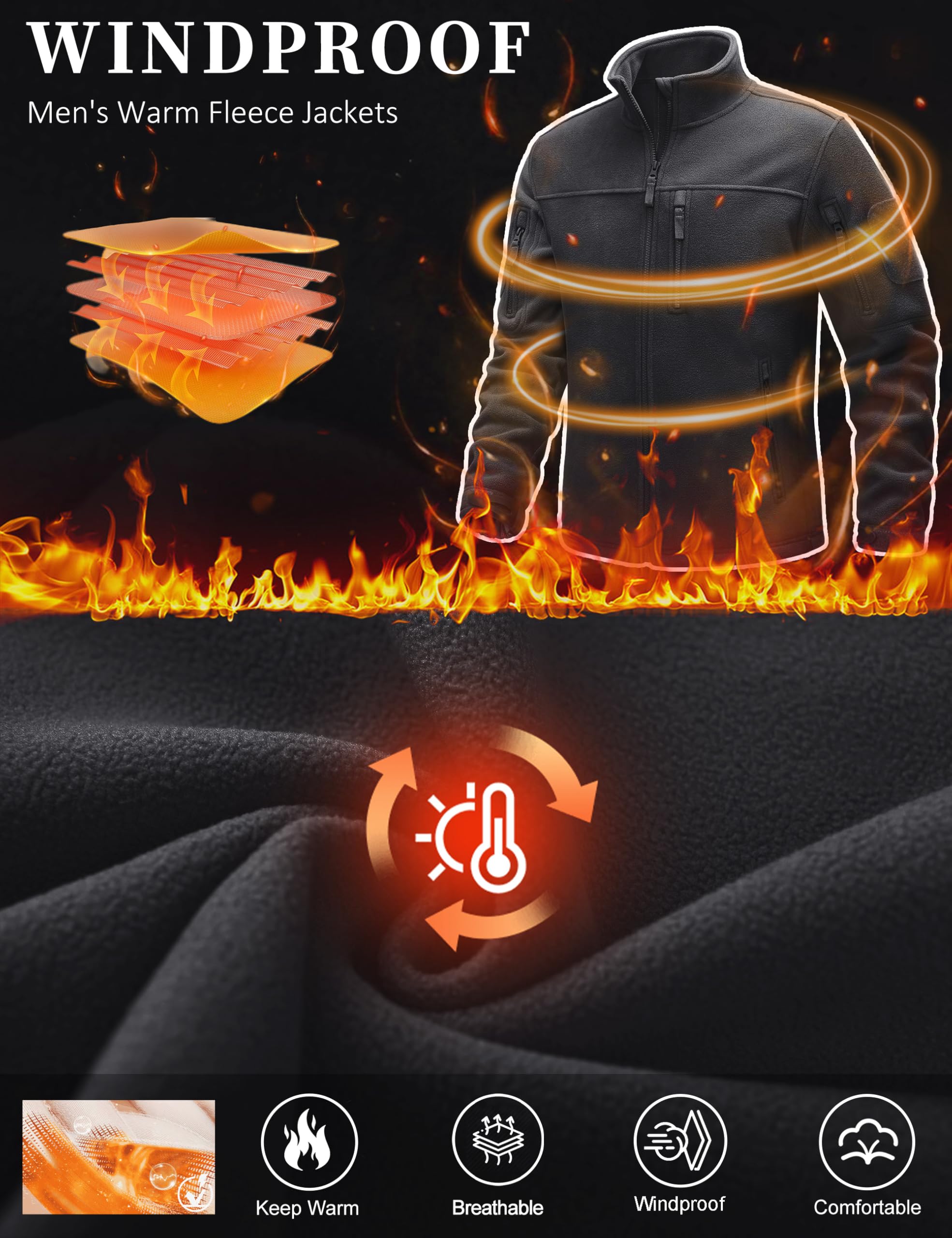 KEFITEVD Chaqueta de forro polar para hombre, resistente al viento, con cremallera, abrigo táctico cálido con 6 bolsillos