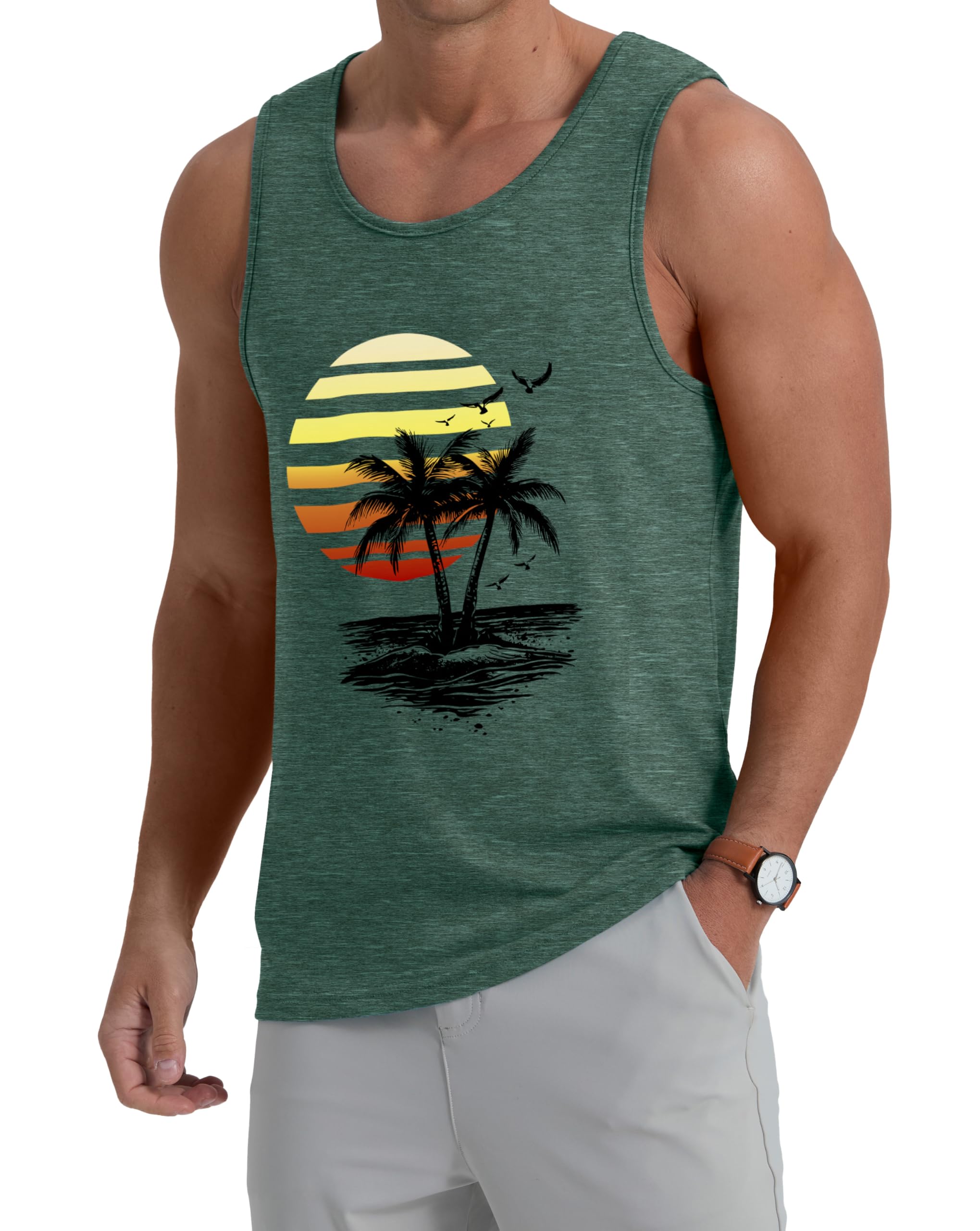 IWOLLENCE Chaleco de algodón para hombre, estampado hawaiano, cuello redondo, playa, vacaciones, casual, sin mangas, para hombre