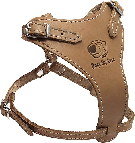 Arnés para perro de cuero genuino de 14"-17" pecho ajustable correas de 12" pequeño (beige)