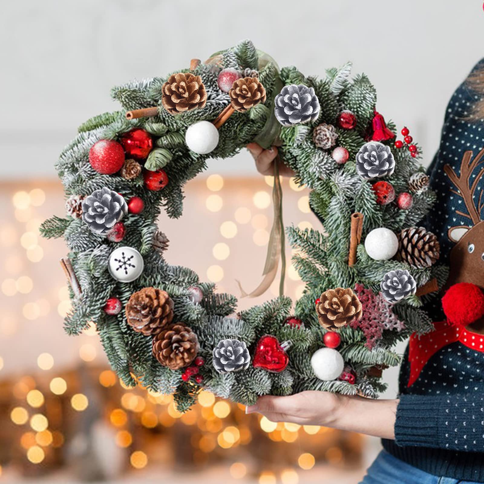 Bekecidi 36 sztuk świątecznych szyszek sosnowych, naturalne mini szyszki, Boże Narodzenie, szyszki śnieżne, ozdoby do dekoracji wnętrz, jesienne i świąteczne rękodzieła (złote + srebrne)