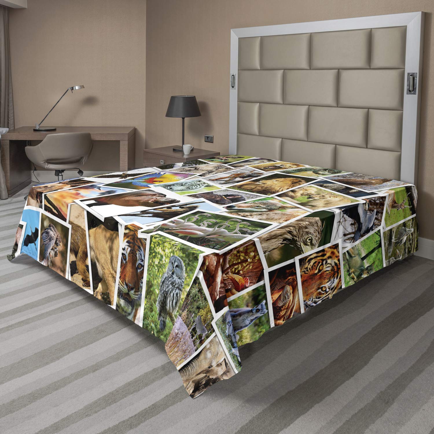 Lunarable Zoo Flat Sheet, Collage Photographs of Assorted Animals Wild Life Nature Scene Savage Jungle Print, Soft Comfortable Top Sheet Decorative Bedding 1 Piece, California King, Multicolor