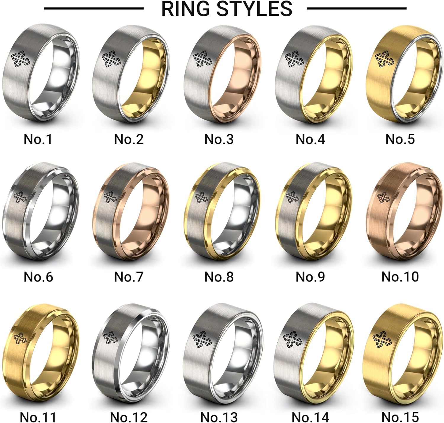 Gift for Spiritual Person - Budded Cross Ring - Flat Dome Bevel - Brushed Polished - Band - Tungsten - Yellow Rose Gold Silver - Anniversary Wedding - Personalized Custom Engraving - 8mm - Men Women