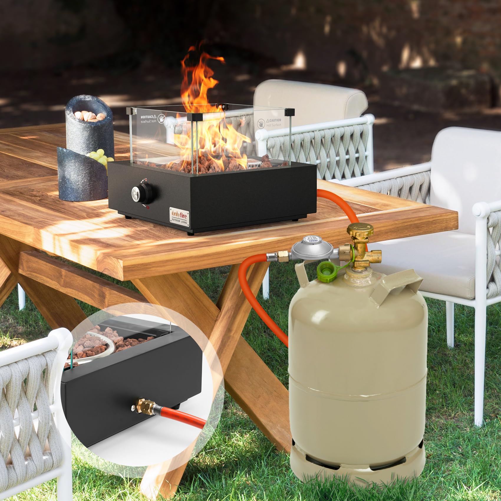 Onlyfire Tisch Gas Feuerstelle, Quadratische Outdoor Feuertisch mit Glaswindschutz, Lavastein und Hinterem Lufteinlass, Multifunktional Tischfeuer für Heizung, BBQ Grill & Ambientebeleuchtungen