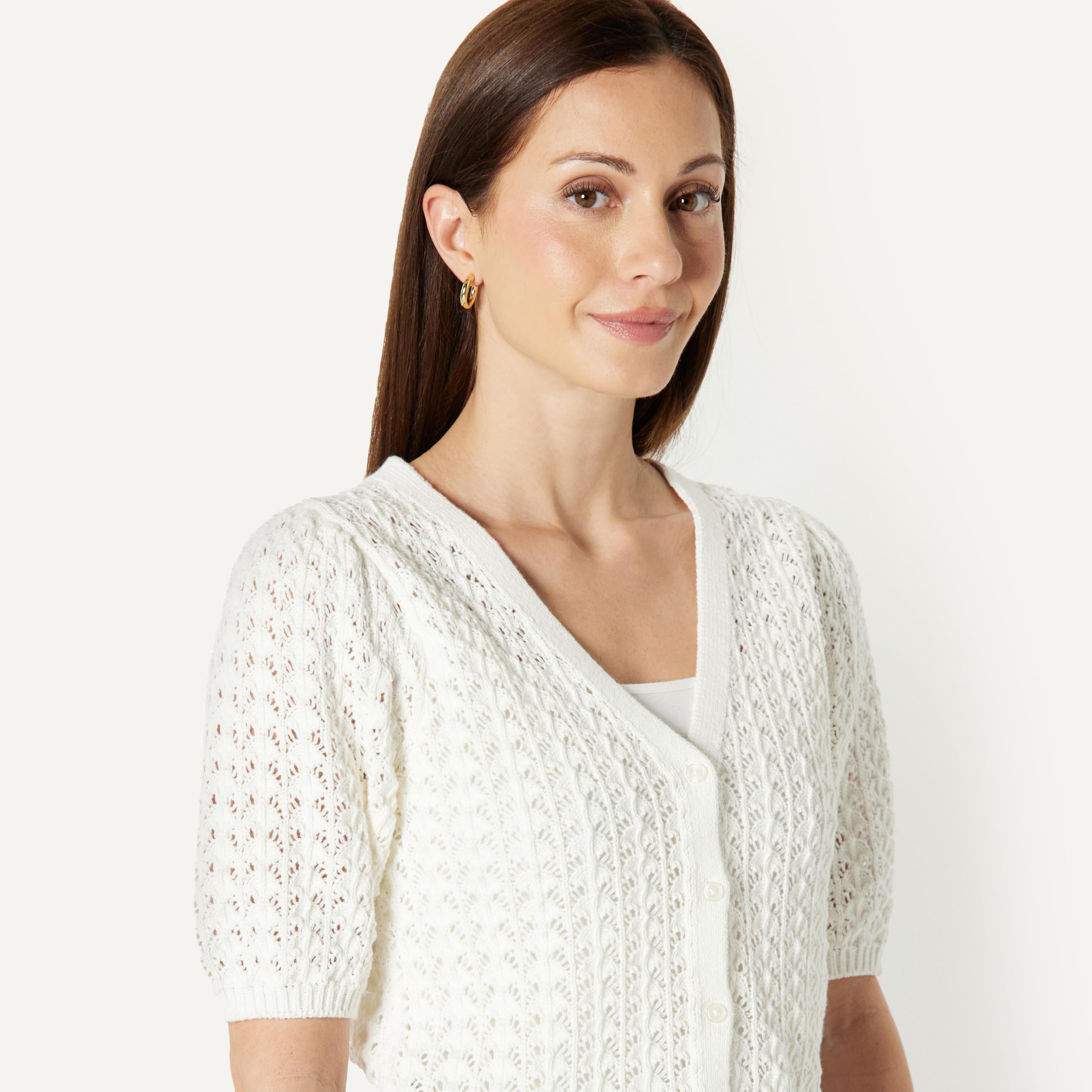 Amazon Essentials Donna Cardigan a Maniche Corte all'Uncinetto dalla vestibilità Comoda
