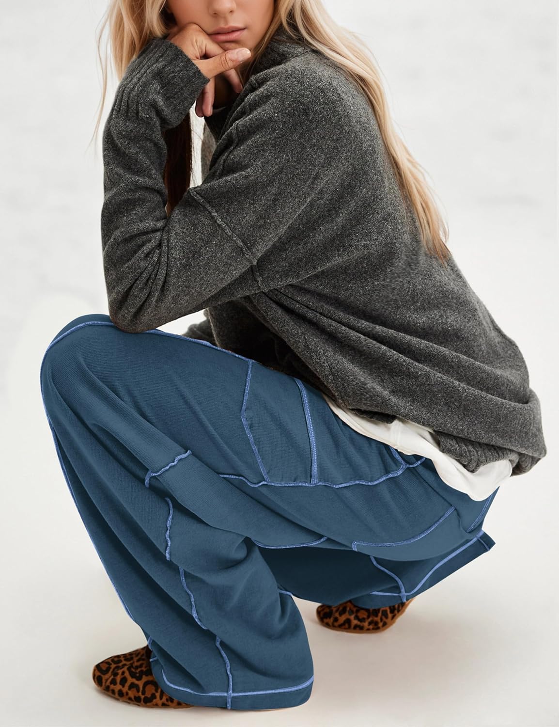 Wide Leg Barrel Sweatpants for Women Baggy Palazzo Pants Drawstring High Waist Color Block Lounge Sweat Pant - Image 5