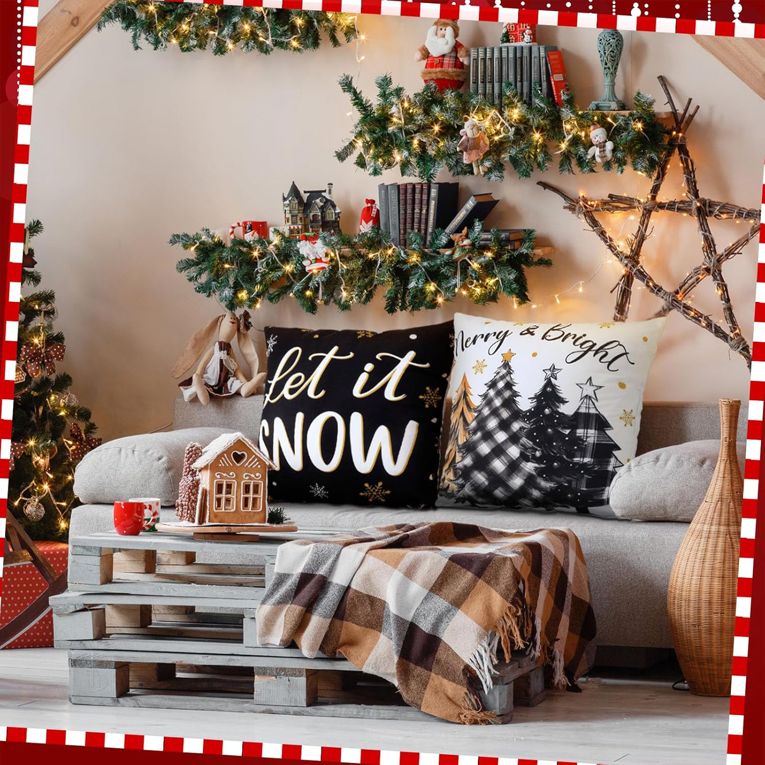 Fourluoo Set of 16 Christmas Winter Pillow Covers 18 x 18 Inch Holiday Throw Pillow Covers Snowflake Pillow Covers Snowman Merry Christmas Joy Xmas Trees Decorative Pillows Cases for Home Couch Decor