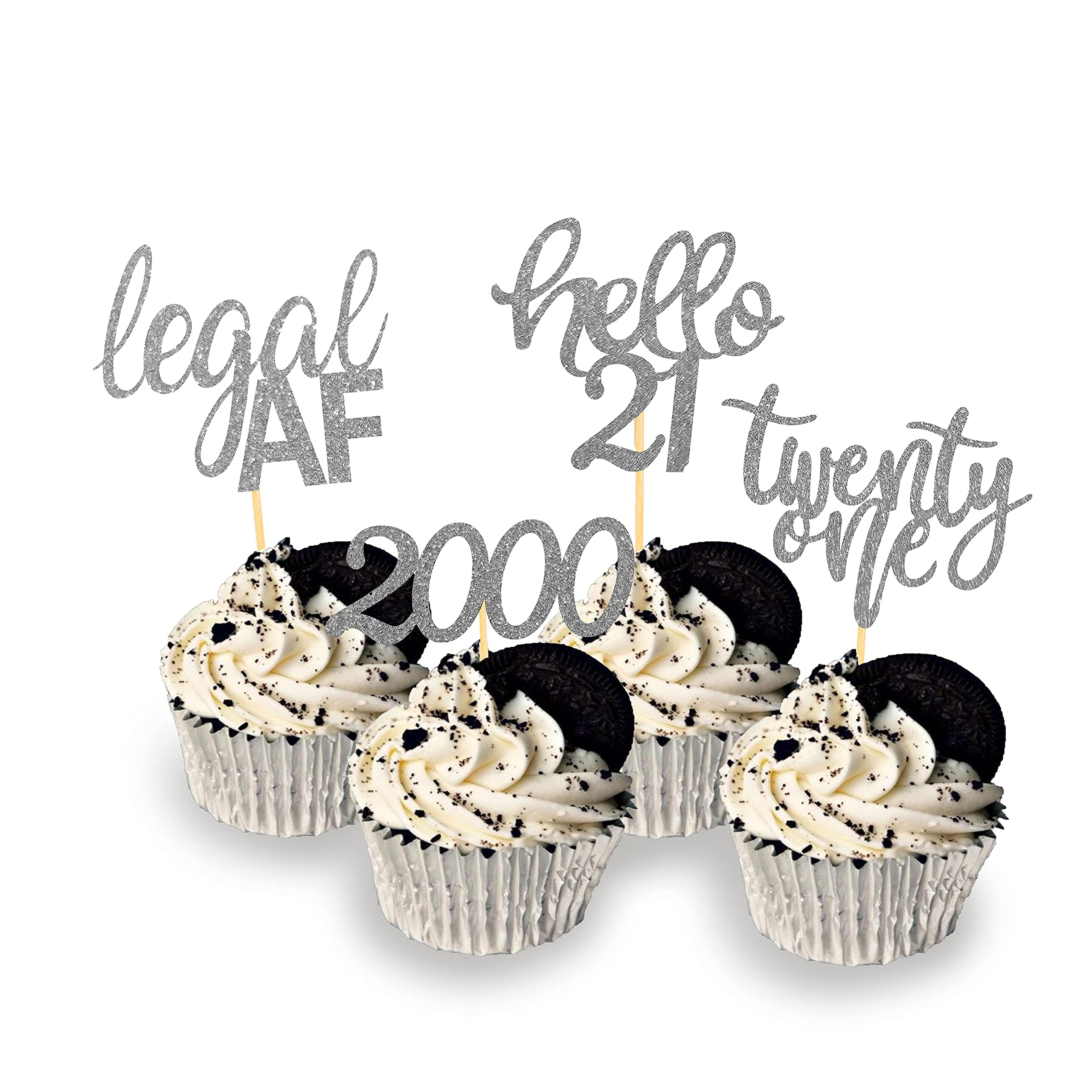Festiko®24 Pcs Silver Glitter 21st Birthday Cupcake Toppers for Celebrating Twenty-One Years Old Birthday Party Decorations