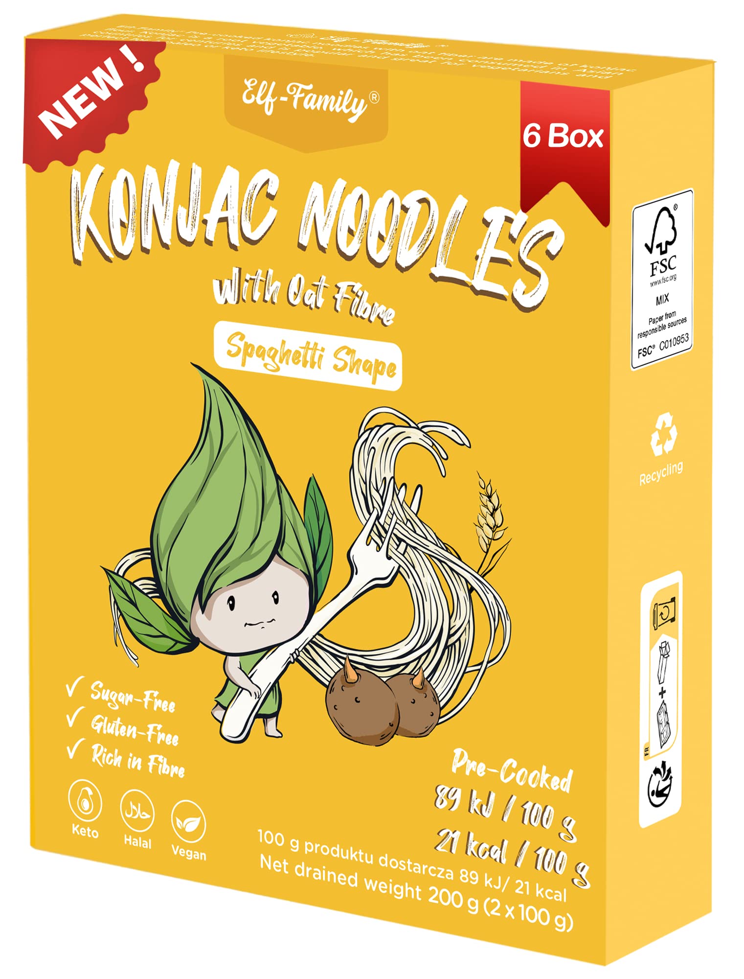 Elf-family [Nuovo]Pasta di Konjac Pochi Carboidrati- Prodotto in Tailandia- Vegano Senza Glutine- 240g x6 Scatole(12 Porzioni), Konjak Noodles Shirataki Noodles Ipocalorica/Senza Zucchero - Spaghetti