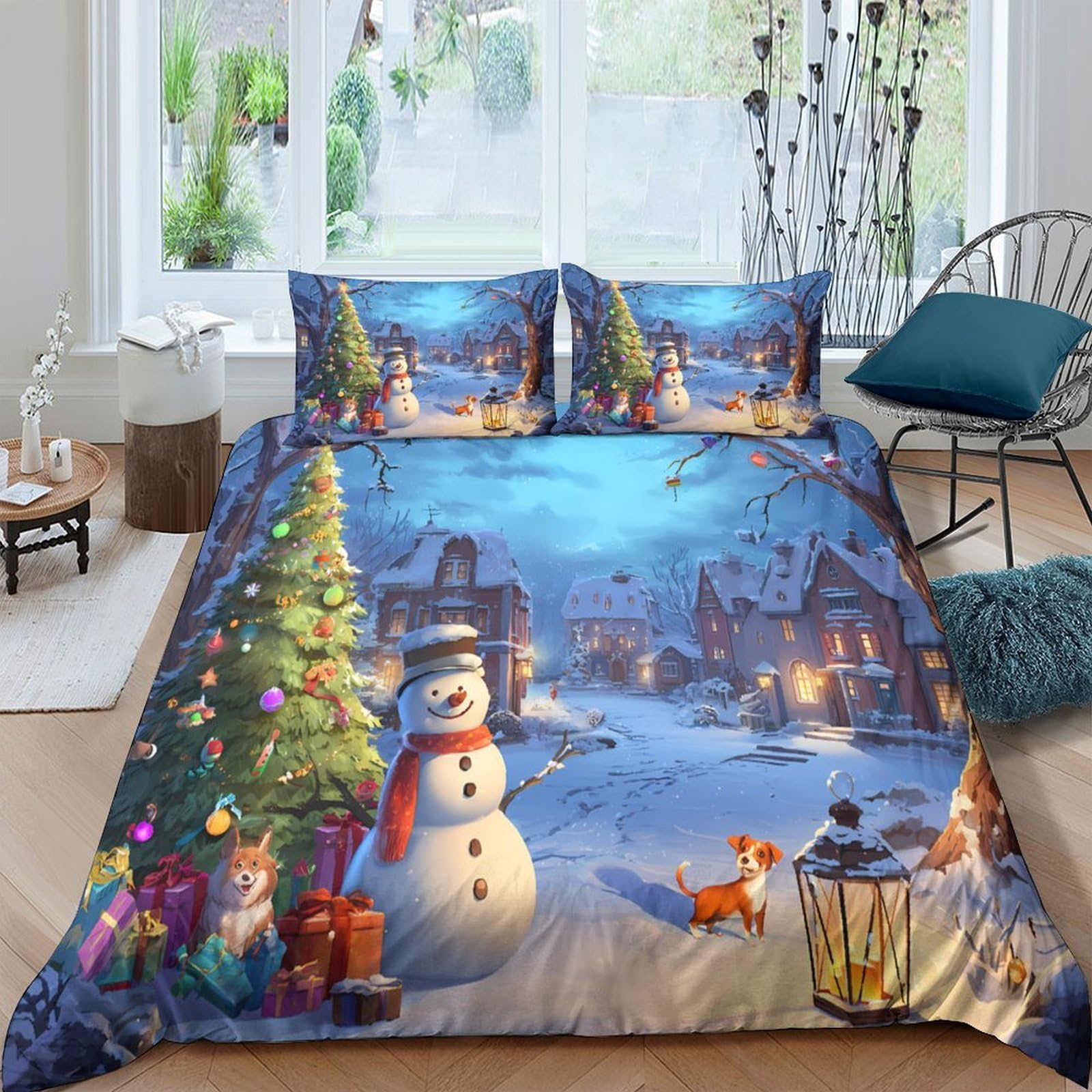 Ctjqhvkz Style-1 3D Printed Christmas Village Fitted Sheet Microfiber Soft Breathable Snowman Bed Cover For Bedroom Guest Room Decor Single（135X200cm）