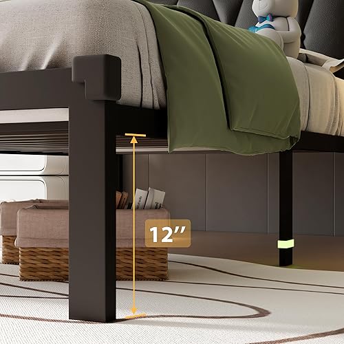 Miniatura 12 de iPormis Marco de cama de metal tamaño matrimonial, cama de plataforma con cabecera capitonada con botones de lino, soporte de listones resistentes,