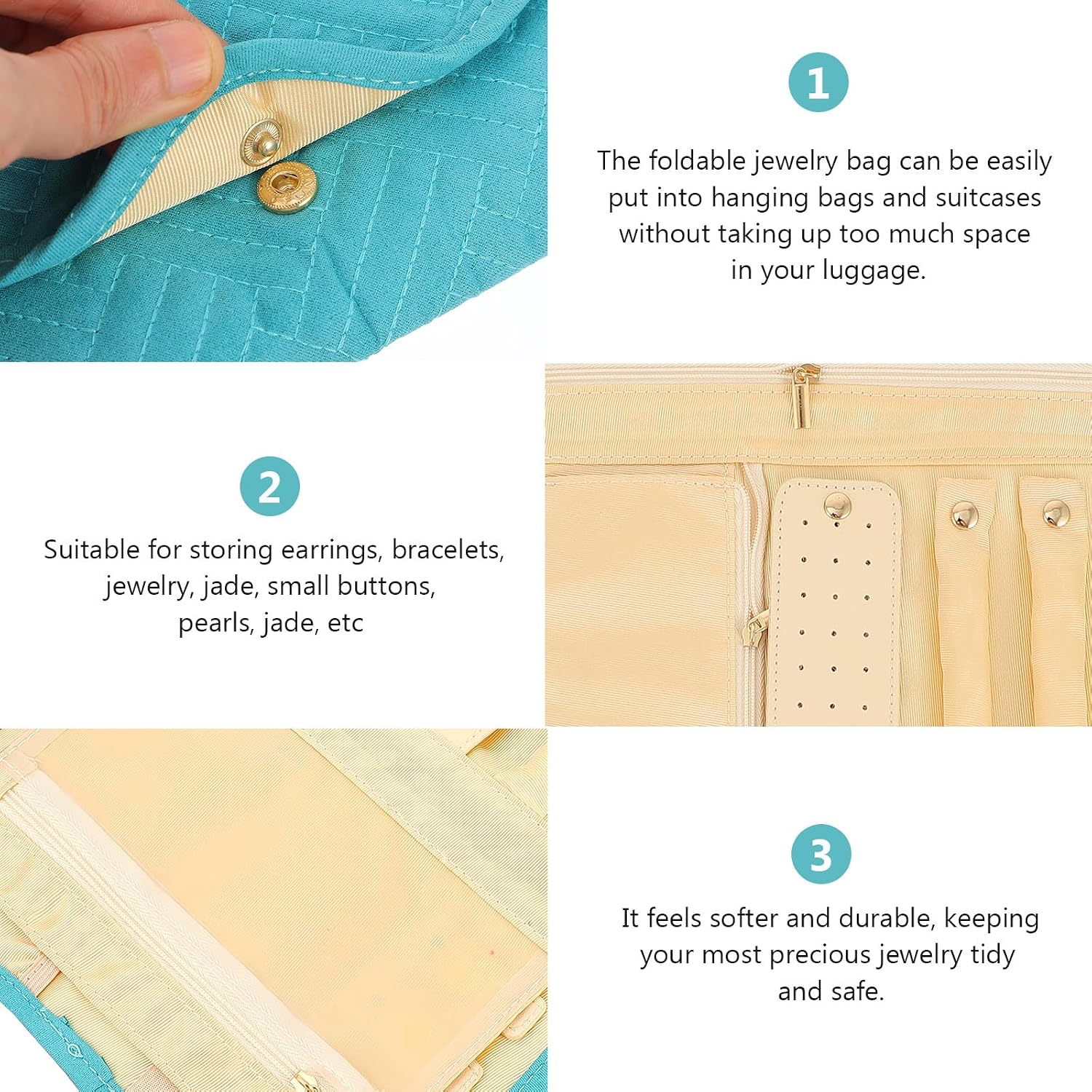 Portable Jewelry Roll Bag for Necklace and Earring Storage, Foldable Blue Jewelry Organizer Pouch for Travel and Daily Use