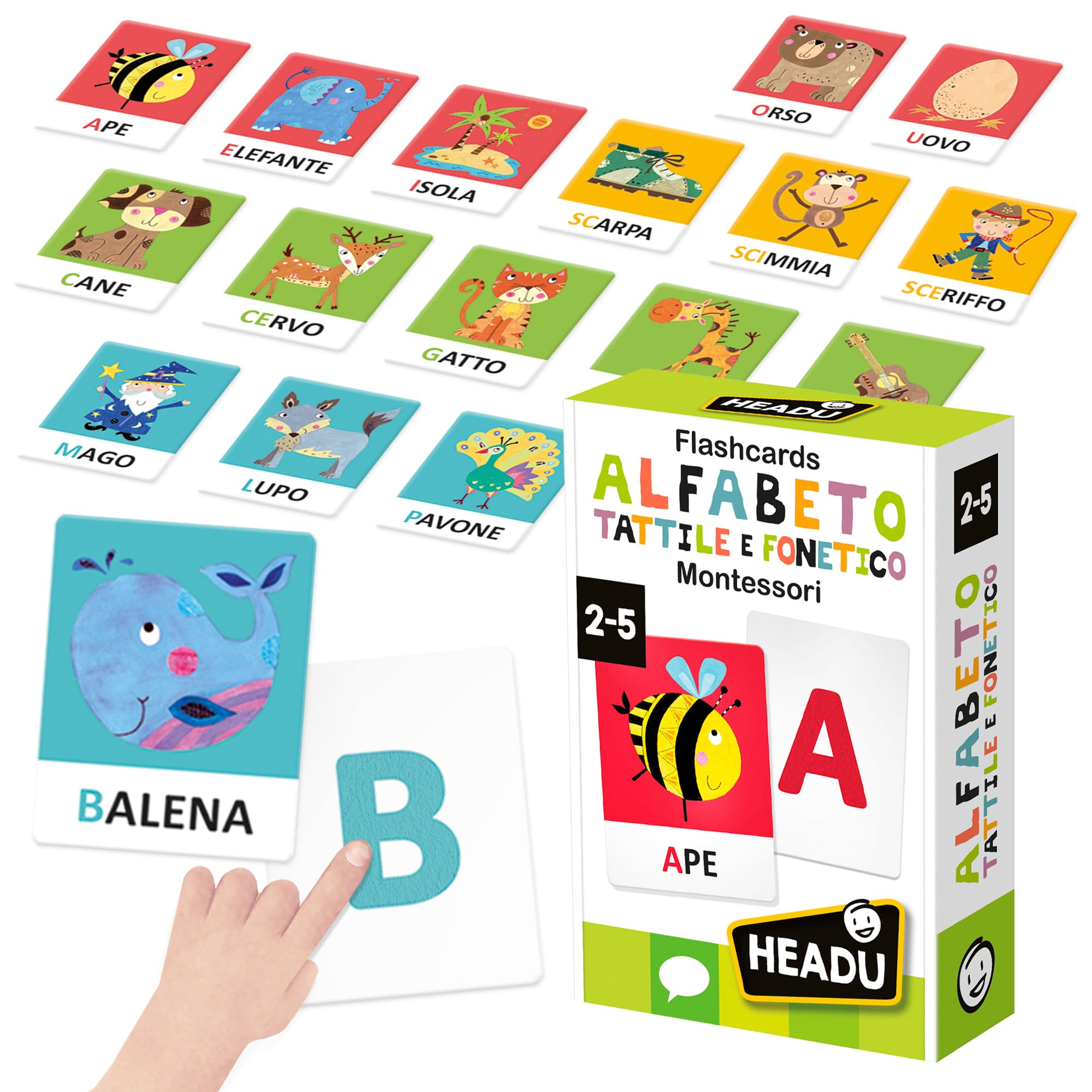 HEADU - Maxi Flashcards Montessori Alfabeto Suoni e Lettere - Leggi, ascolta e pronuncia |Gioco Educativo Per Bambini 2-5 Anni, Metodo Montessori, Idea Regalo Natale Pasqua Compleanno, Made In Italy