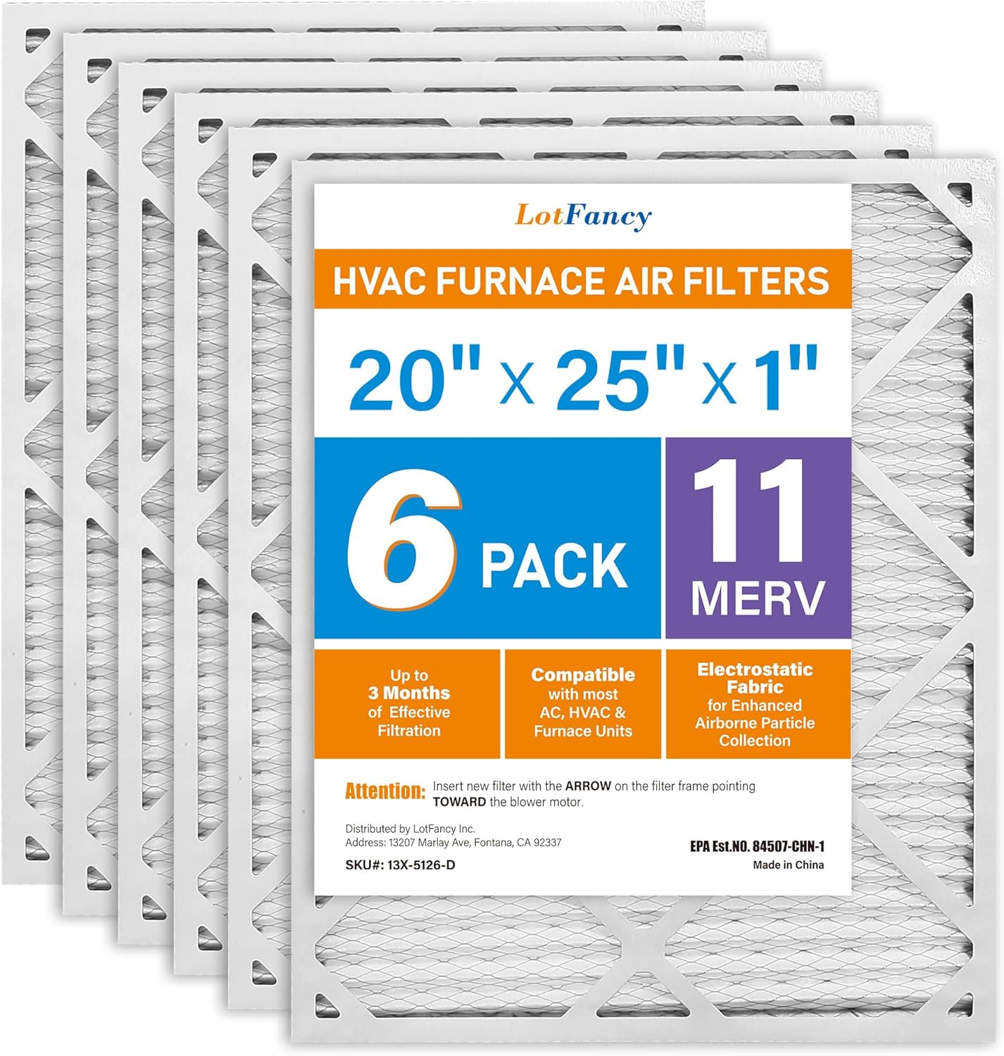 LotFancy 20x25x1 Air Filters, MERV 11 AC Furnace Filters, 6 Pack Pleated Air Conditioner HVAC
