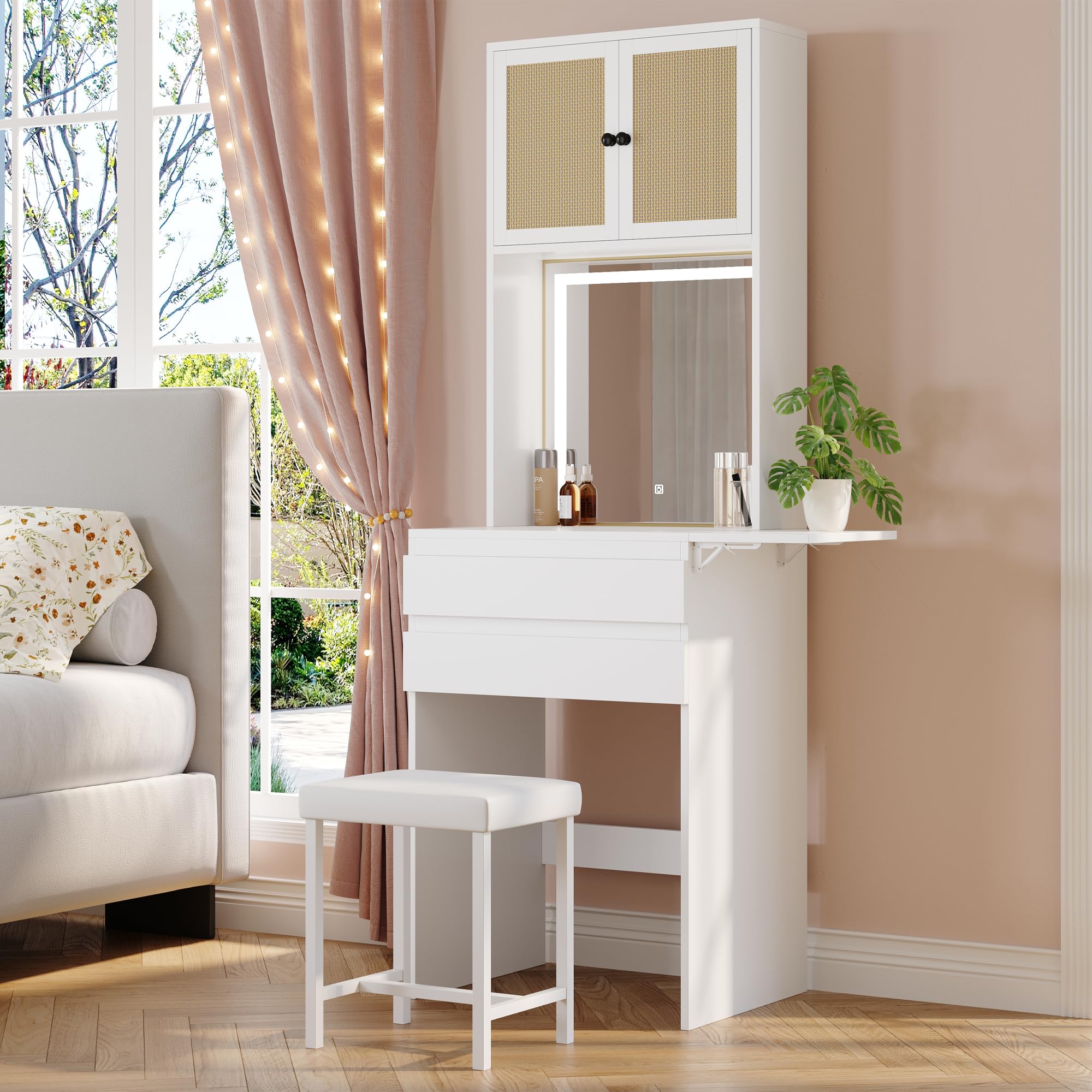 small makeup vanity desk with mirror and lights, chair, fold-up panel, rattan cabinet, drawers, 3 color brightness adjustable space saving skinny vanity desk dressing table for bedroom white