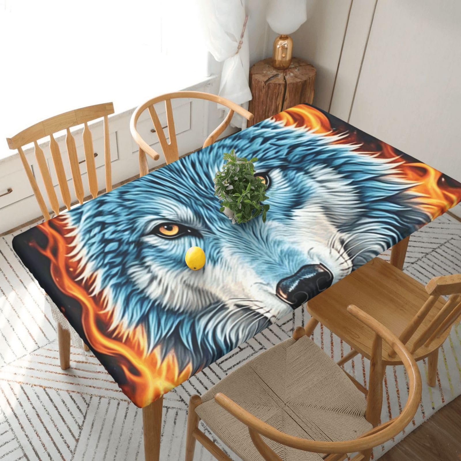 Fodpand Black Wolf Spandex Fitted Tablecloth For 5 Foot Rectangle Tables,Waterproof Picnic Table Cover Stretch Table Cloth Washable Table Protector For Picnic, Camping, Outdoor