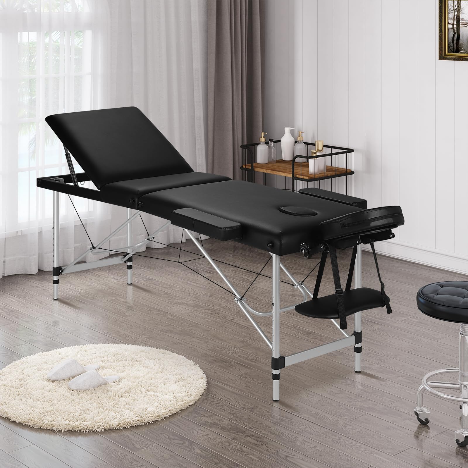 Lettino per Estetista Regolabile a 3 Zone, Lettino da Massaggio Portatile, Lettino Pieghevole per Fisioterapia, con Poggiatesta, Braccioli, Poggiabraccia, Custodia, Telaio in Alluminio, Nero