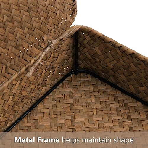 Miniatura 4 de Elsjoy Paquete de 2 cestas de hierba marina con tapa, cestas de almacenamiento de mimbre planas de ratán, cestas organizadoras tejidas para