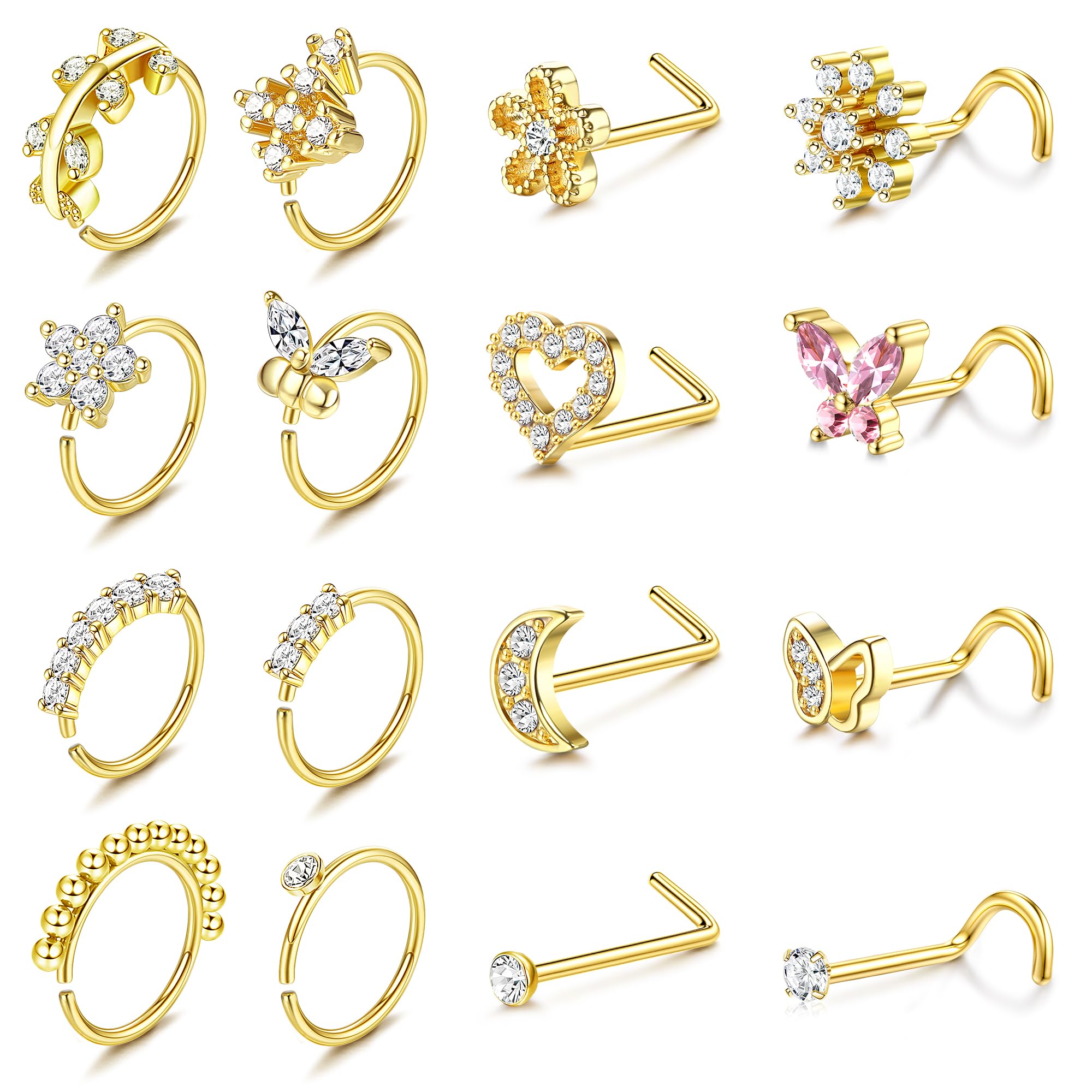 Nose Rings for Women - 14K Gold Filled Hypoallergenic Surgical Steel Nose Ring Hoops 20G Small Cute CZ L Shaped Nose Studs Nostril Piercing Jewelry for Women Men 16Pcs