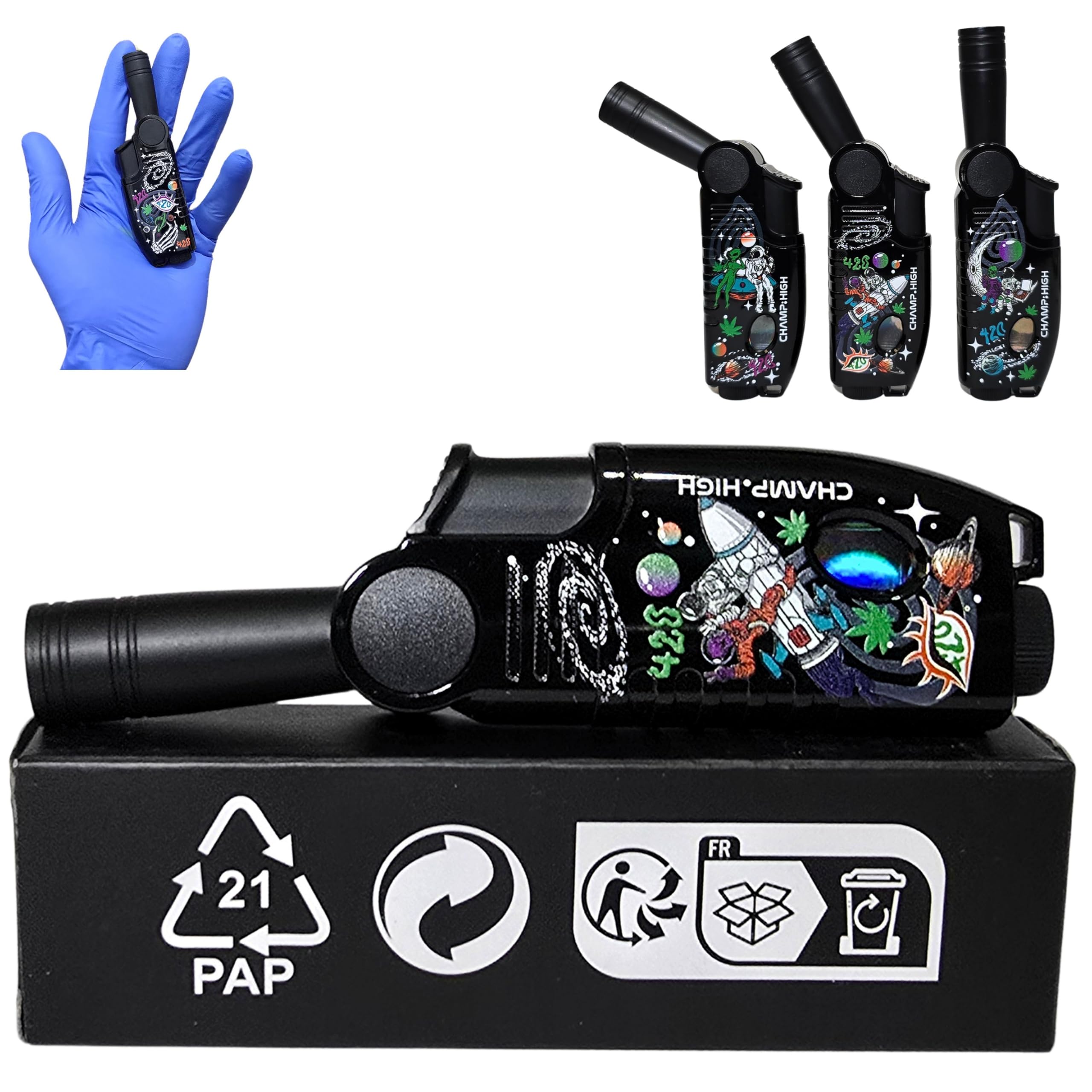 Zactly – 1 x CHAMP-HIGH Refillable Torch Lighter – Windproof Jet Flame Butane Lighter with Adjustable Flame Control, Space-Themed Design, Pocket Size – Ideal for Camping, BBQ, Candles, & More