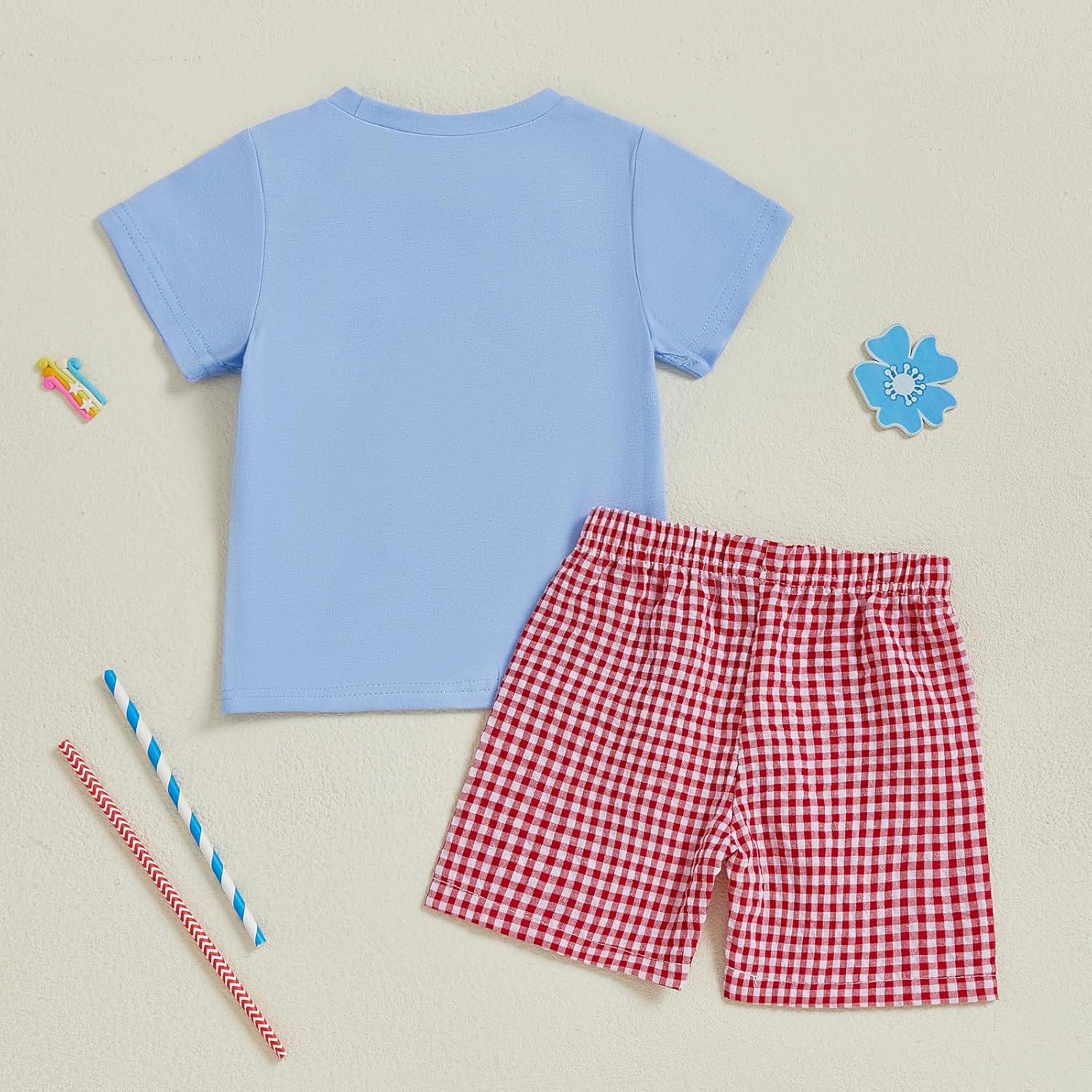 4th of July Baby Boy Outfit Flag Cart Embroidery Short Sleeve T-Shirt Plaid/Stripe Shorts Set Toddler Summer Clothes - Image 4