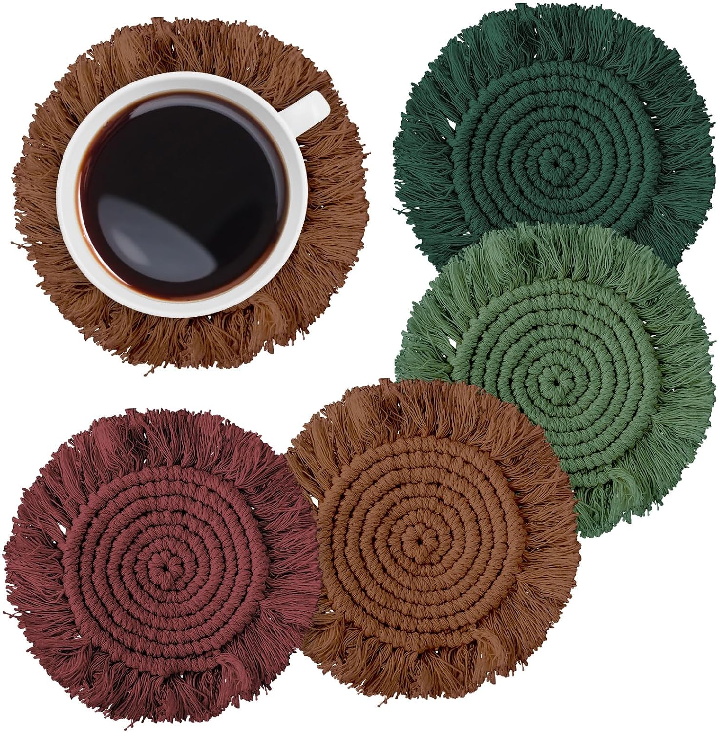 Whaline Boho Macrame Coasters Set of 4 Handmade Woven Drink Coaster Bohemian Cup Mat Pad with Tassel for Home Kitchen Office Party Table Decoration