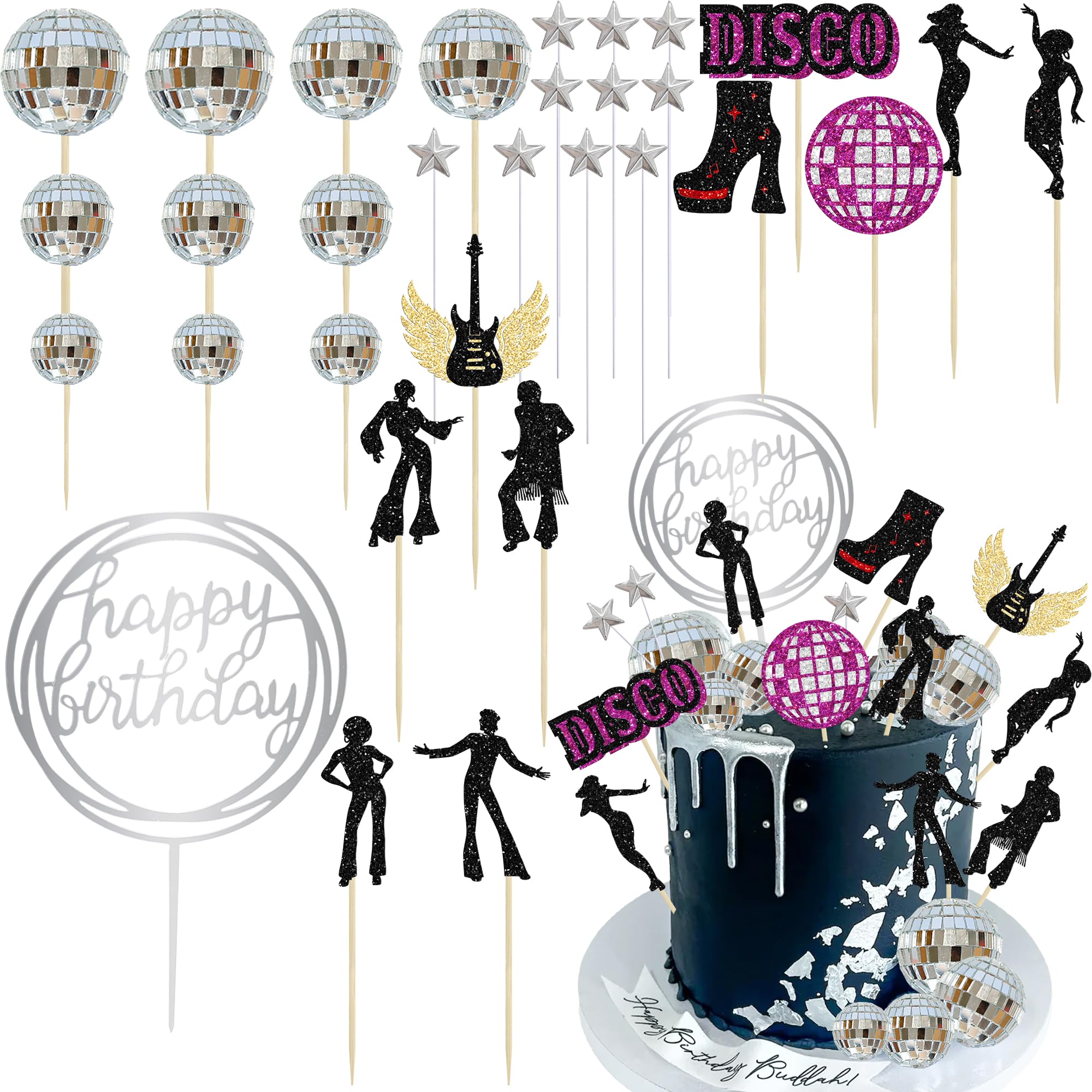Ephlyn 31Pcs Disco Party Cake Decorations Disco Ball Happy Birthday Cake Toppers for Dancing Queen Birthday 70's Party DIY Cake Decorations Supplies