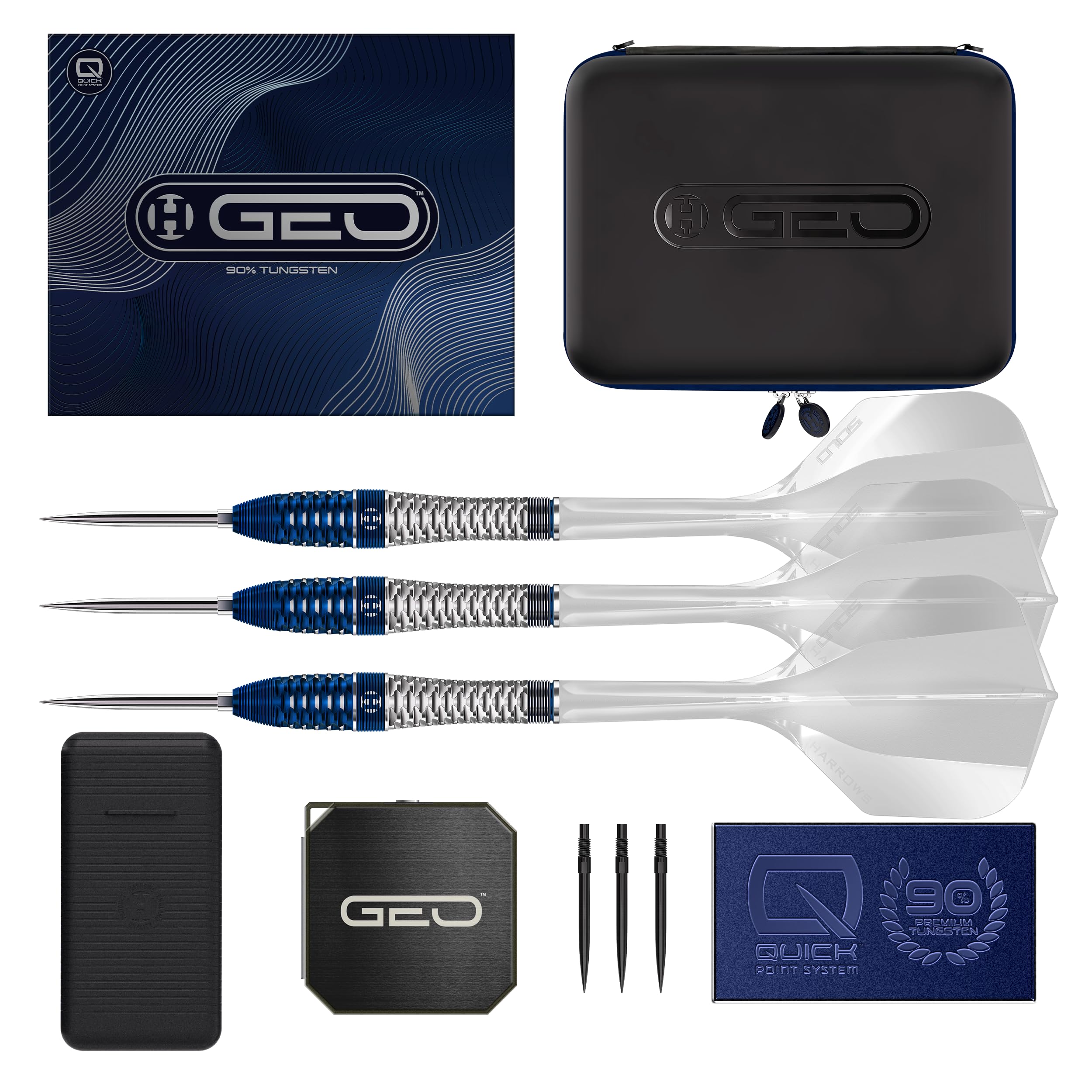 Harrows GEO Bomb 90% Tungsten Darts Premium Set with SOLO Integrated Flights and Shafts | Steel Tip Darts 23g & 25g | With Quick Point System Tool & Extra Tips, GEO Case & Vault Case (23g)