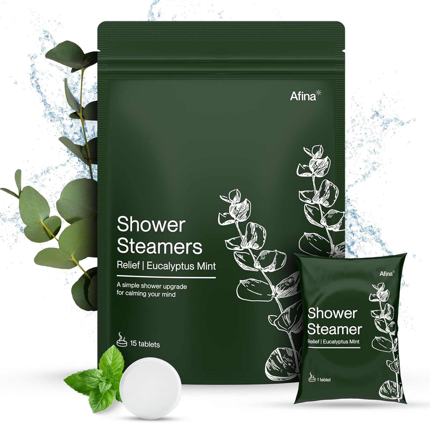 Afina Shower Steamers | Relief | Eucalyptus Mint | Natural Aromatherapy for Stress Relief and Relaxation | Spa Gifts for Women & Men (15 Count)
