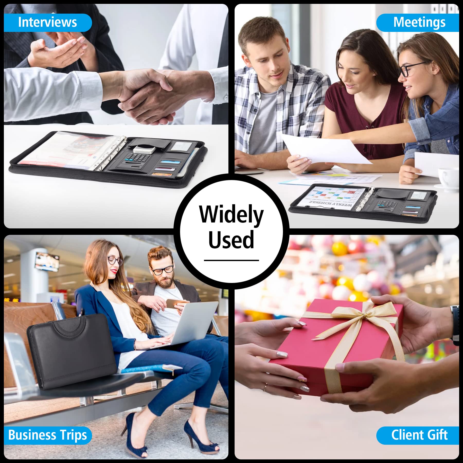 Porte-documents pour homme et femme – Porte-documents en cuir avec fermeture éclair et calculatrice – Support pour tablette, documents, cartes, carnets, bloc-notes