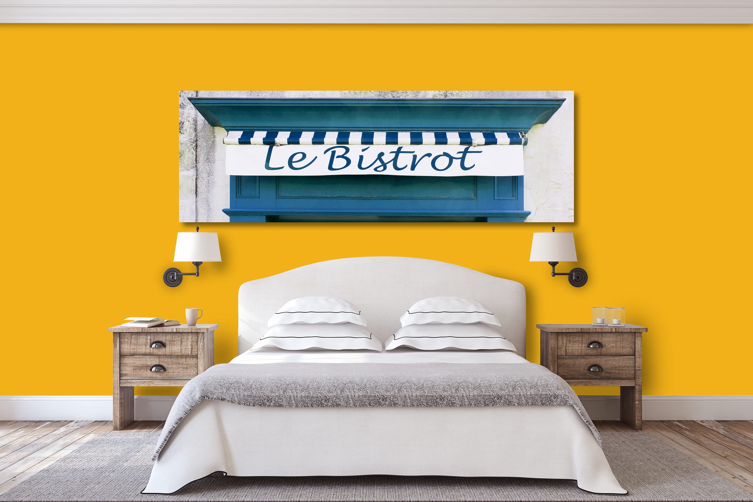 Glücksvilla - Bistrot blau (Leinwand-Bild 5 cm, 60 x 20 cm) | div. Maße - aus DE - Kunstdruck XXL Deko Wandbild quer - Bistro Restaurant Bar Frankreich Paris