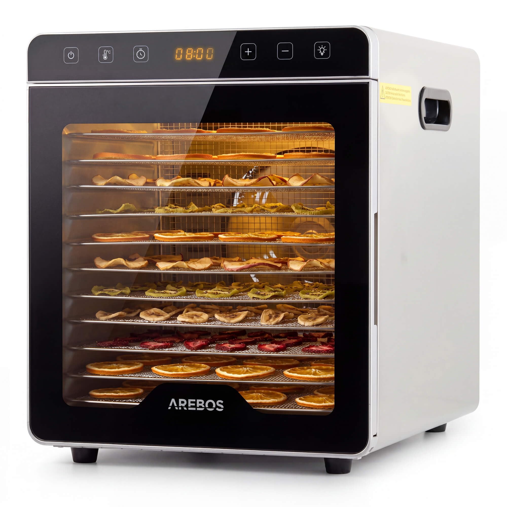 Arebos Suszarka do Żywności 800 W ze Stali Nierdzewnej | 12 Rusztów ze Stali Nierdzewnej | Pojemność 29 L | Panel Dotykowy, Oświetlenie LED, Timer 24 h, 30-85°C | Owoce, Mięso, Zioła i Warzywa
