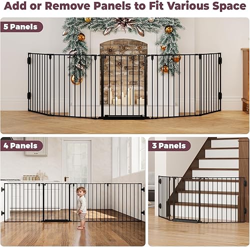 Miniatura 6 de Puerta de bebé extra ancha de 127.5 pulgadas para chimenea, árbol de Navidad, 5 paneles de metal configurables, valla para bebés, puerta infantil