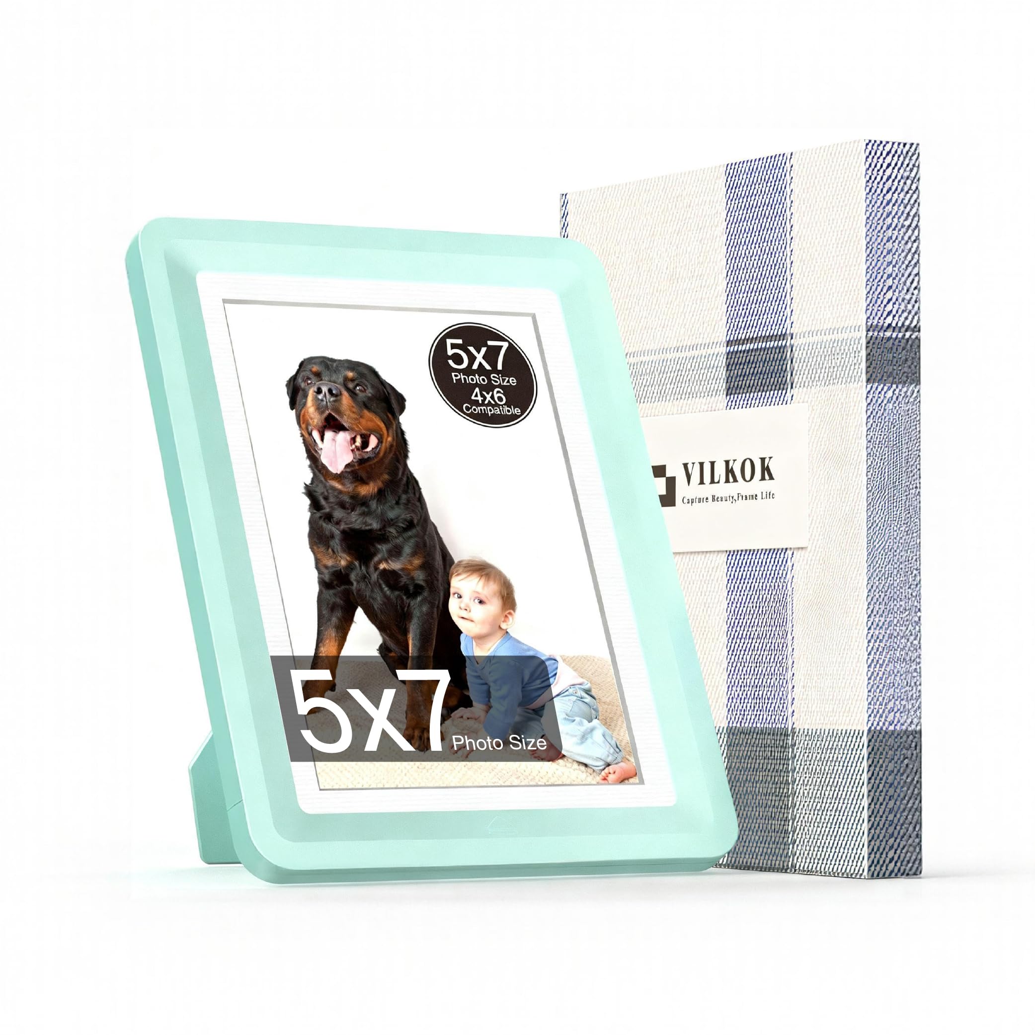 vilkok Green 5x7 Picture Frame with Acrylic Front, ABS Frame for 5x7 or 4x6 Photos, Shatterproof UV-Resistant Tabletop Photo Frame, Vertical/