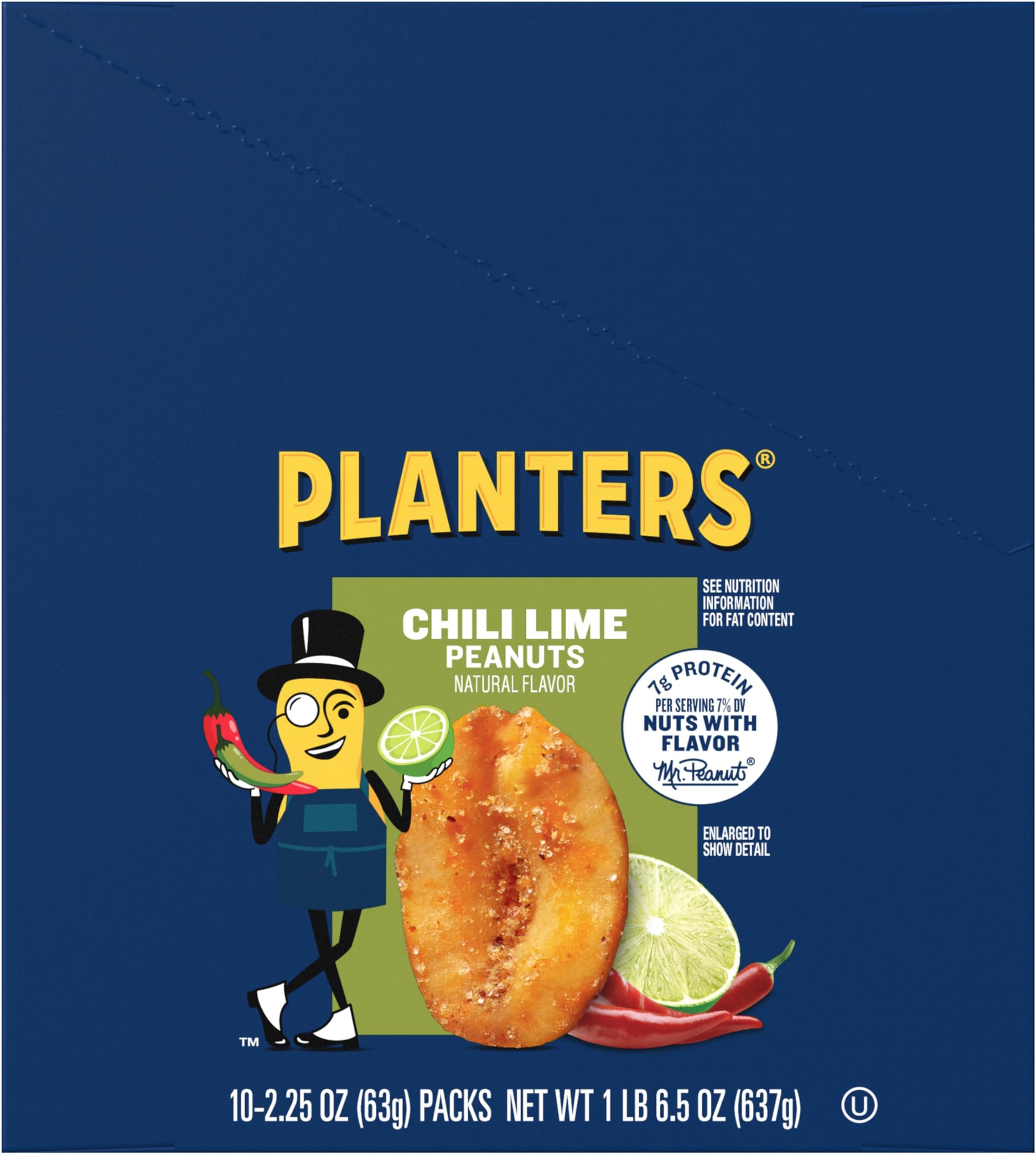 PLANTERS Chili Lime Peanuts, Spicy Snacks, Spicy Peanuts, 2.25 oz, 10-Pack, Nuts with a Tangy and Zesty Taste