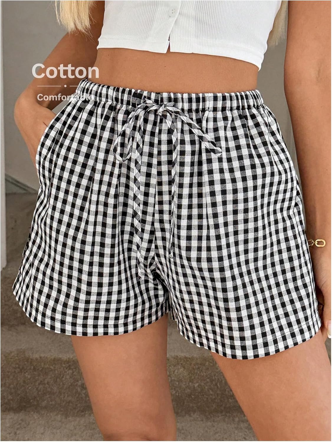 SHENHE Women's Gingham Plaid Shorts Drawstring Waist Vacation Summer Casual Lounge Mini Shorts - Image 3