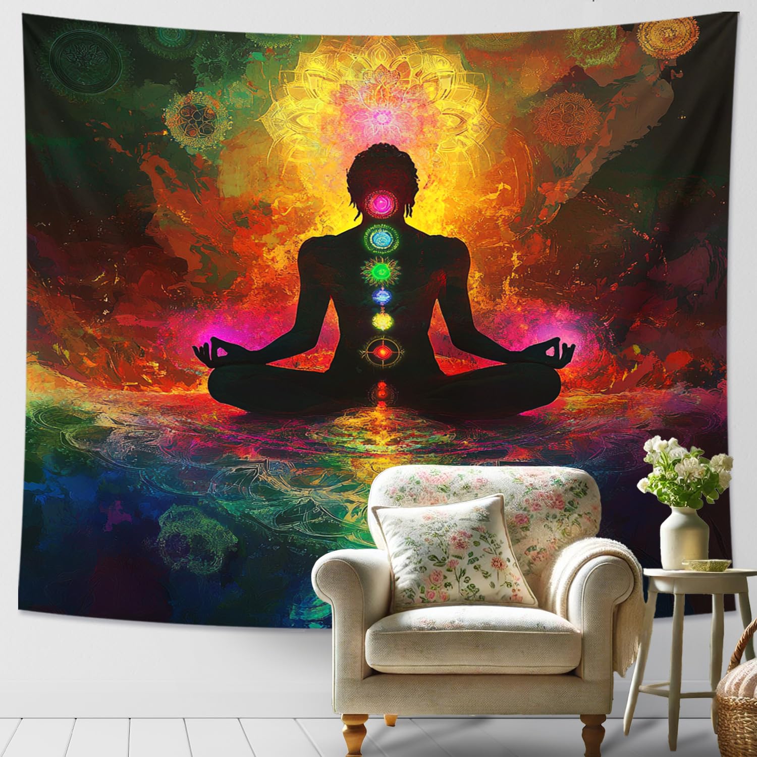 Chakra Meditation Colorful Tapestry, Spiritual Water Lily Multicolor Wall Hanging, Bohemian Decorative Aesthetic for Living Room, Bedroom, Yoga Studio 60x40 Inch