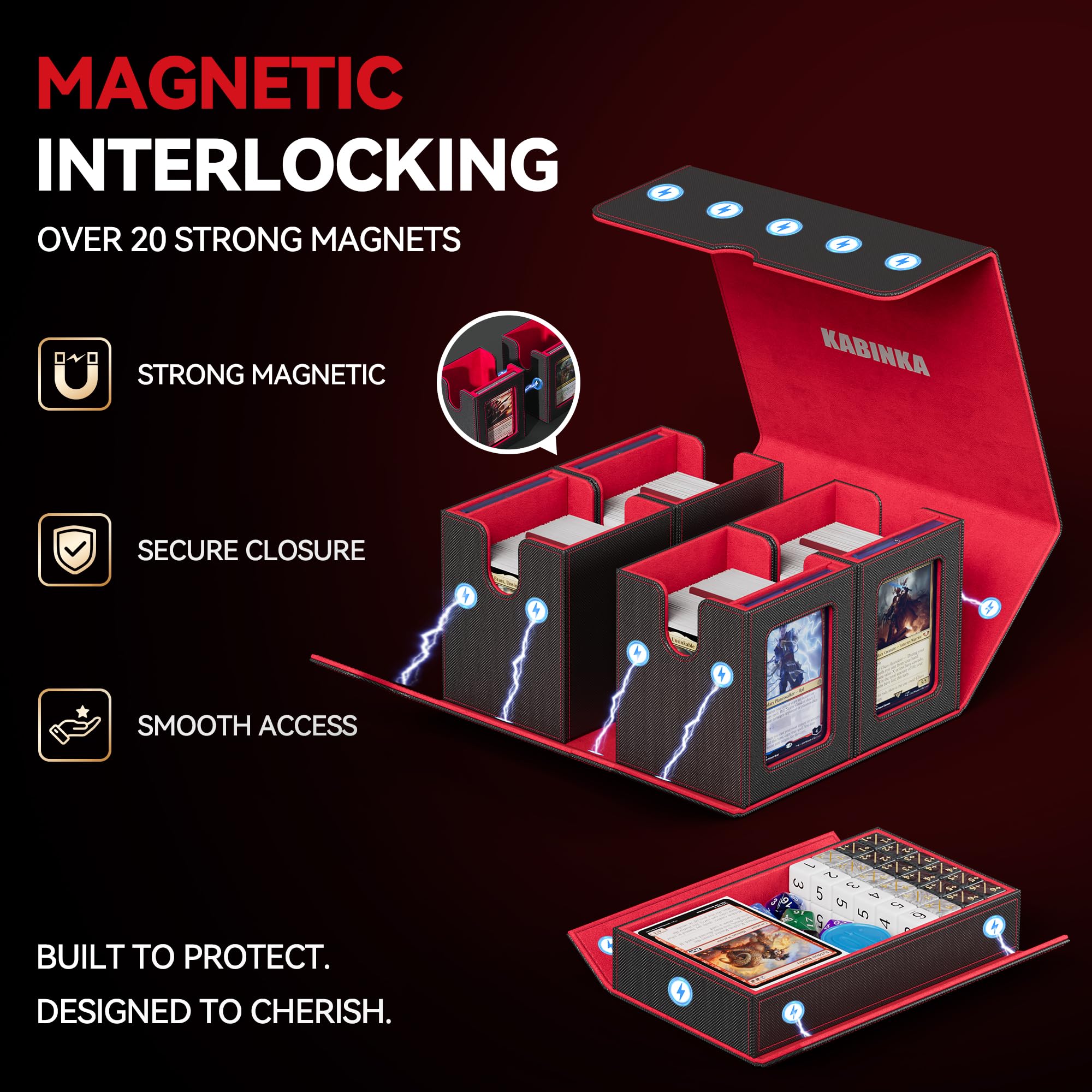 Scatola porta mazzi per MTG con display Commander, scatola per carte 5 in 1 adatta a oltre 400 carte con doppio sleeve, custodia rimovibile per TCG/carte sportive con vassoio per dadi, 4 porta carte