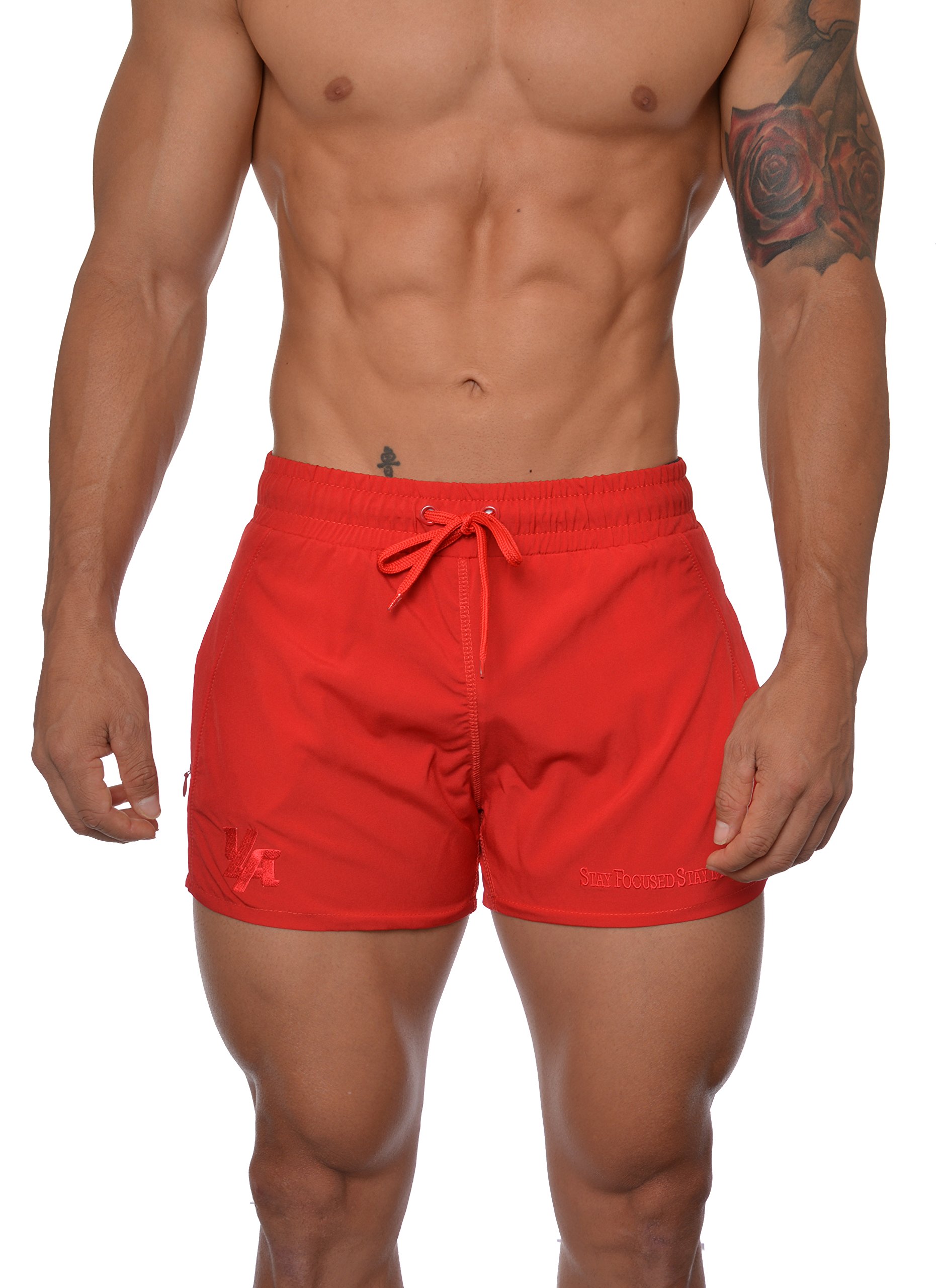 YoungLA Men's Bodybuilding Lift Shorts W/Zipper Pockets 101 |All Red X-Large