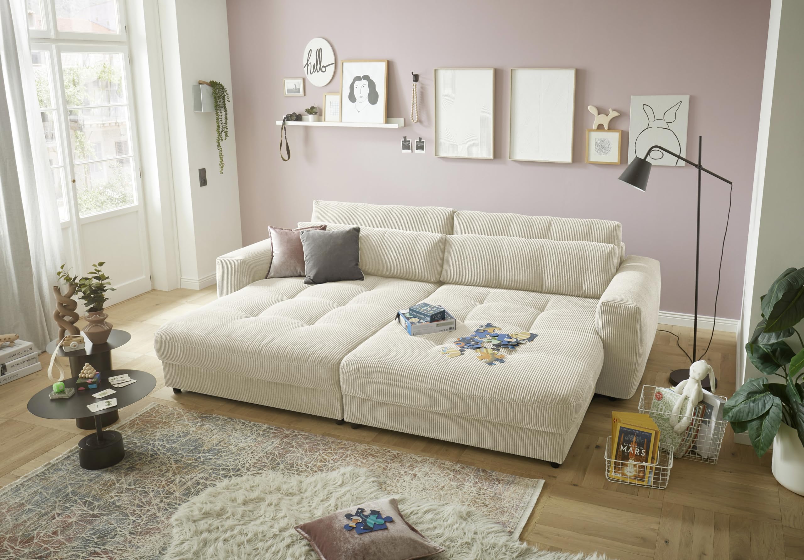 Barura Sessel-Loveseat Big-Sofa mit 2 Nierenkissen – Beiger Cord-Bezug