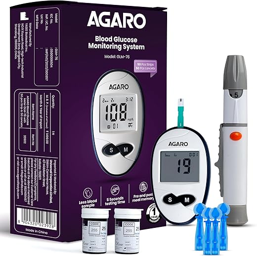 AGARO Glucometer, Blood Glucose Monitoring System with 50pcs Strips & Lancets, Glucometer Machine, Instant Blood Sugar Test at Home, Fast Blood…