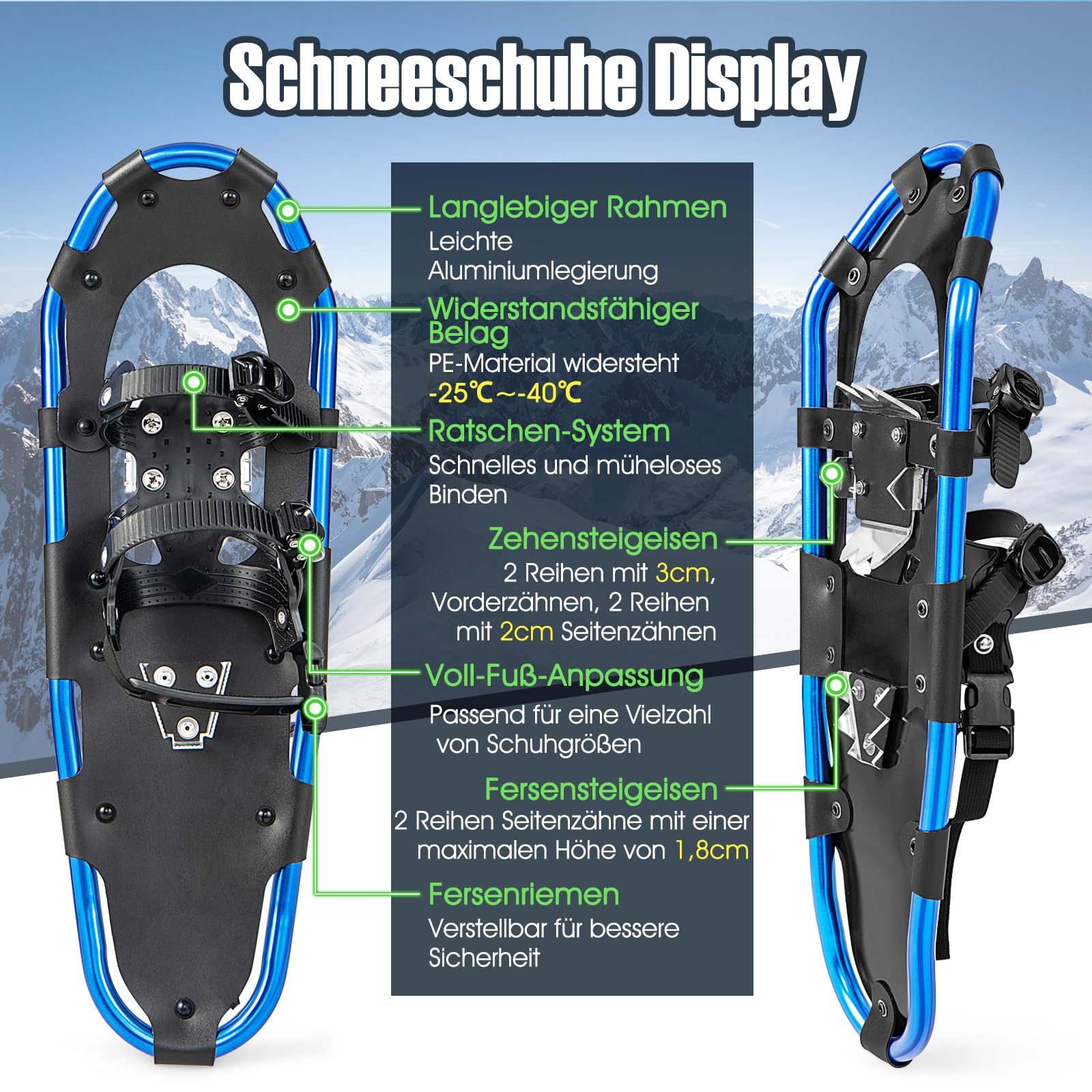 COSTWAY Schneeschuhe mit Steighilfe, Schuhgröße 38-45, Schneeschuhe mit Doppel-Ratschenbindungssystem, Aluminiumrahmen, Trekkingstöcke & Tragetasche, Gamaschen, für Herren, Damen